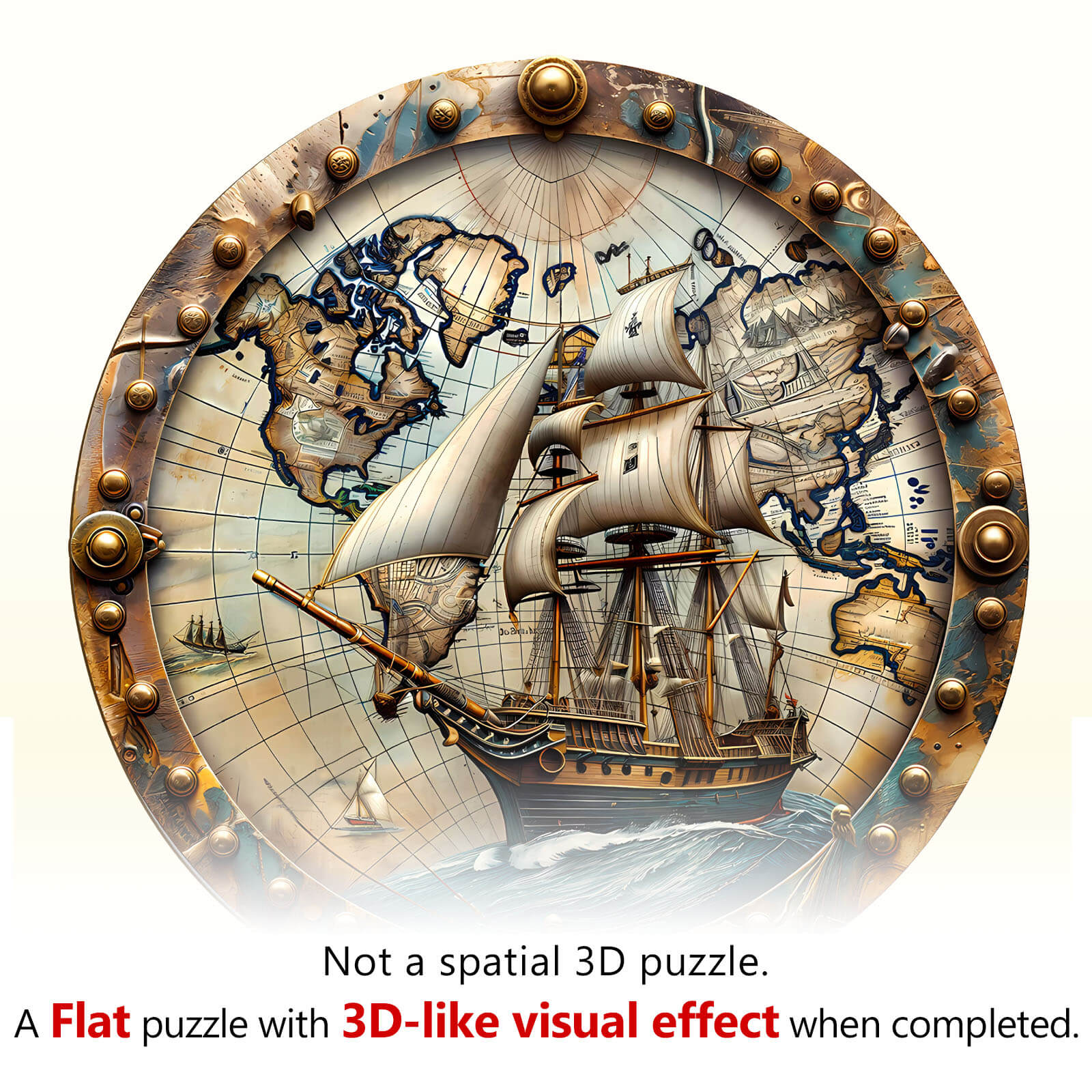 World Voyage Wooden Jigsaw Puzzle featuring a ship and world map with 3D visual effect when completed.