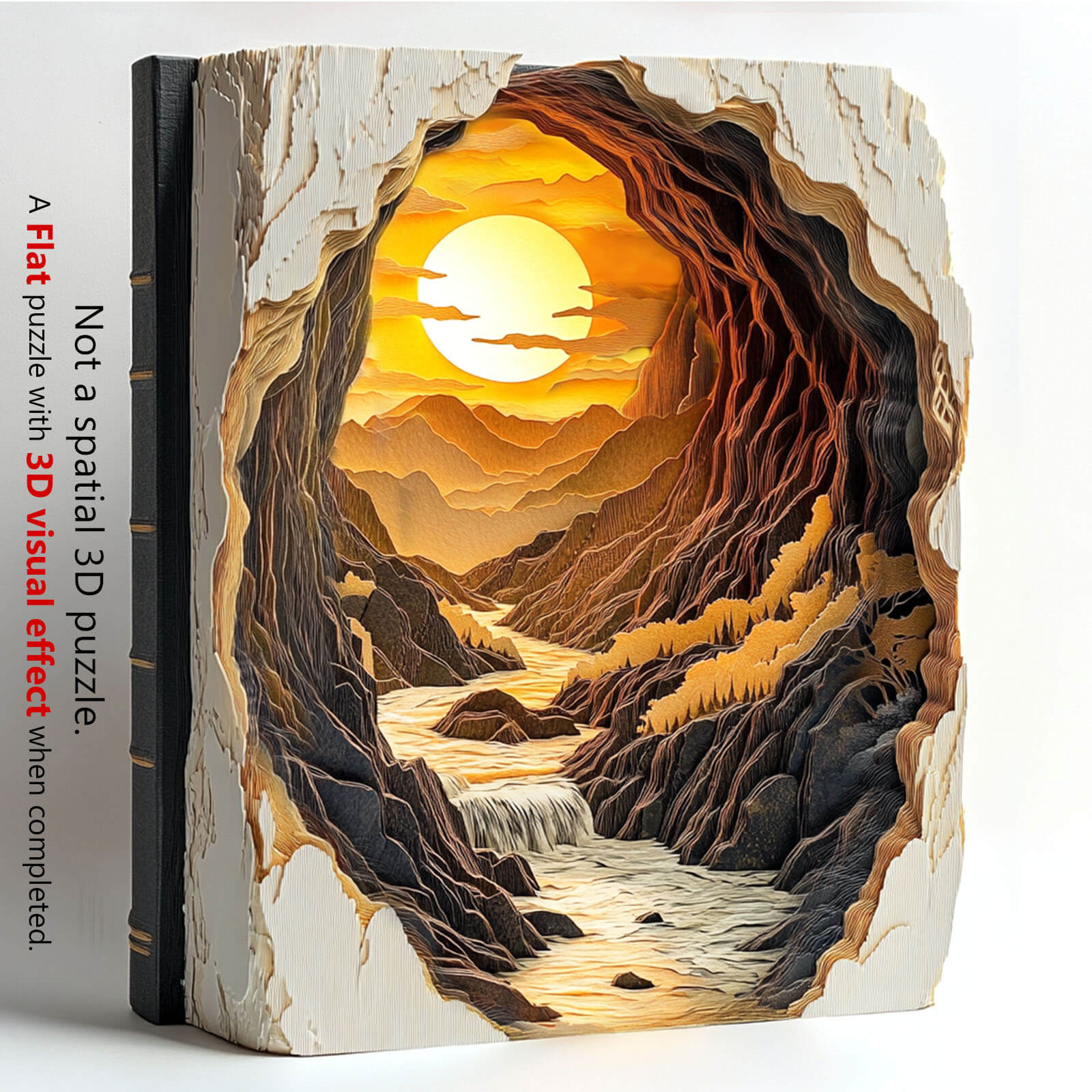 3D Sunset in a Book wooden jigsaw puzzle showcasing a vibrant sunset and scenic landscape, ideal for brain-teasing fun.