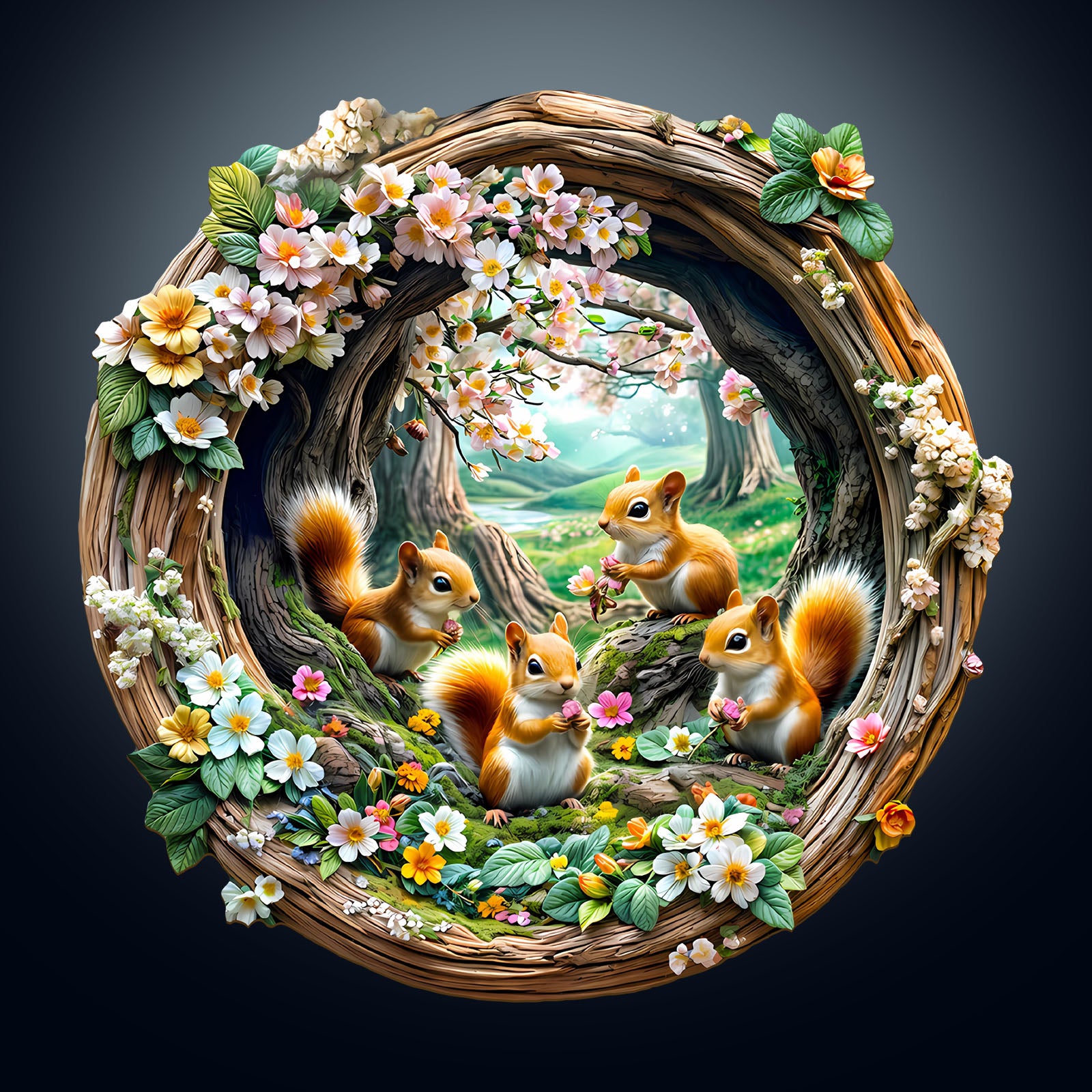 Colorful 3D wooden jigsaw puzzle featuring four squirrels surrounded by spring flowers and greenery.