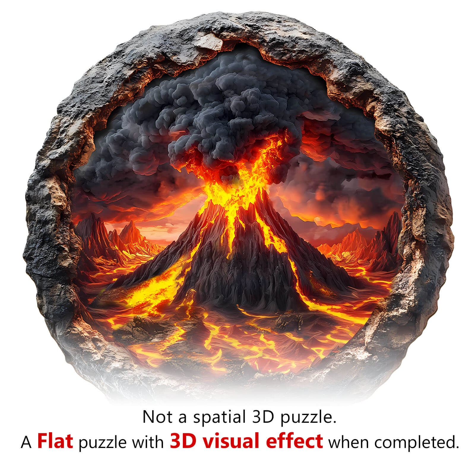 3D Volcanic Eruption Wooden Jigsaw Puzzle with stunning visual effects and vibrant colors, showcasing a dramatic volcano scene.