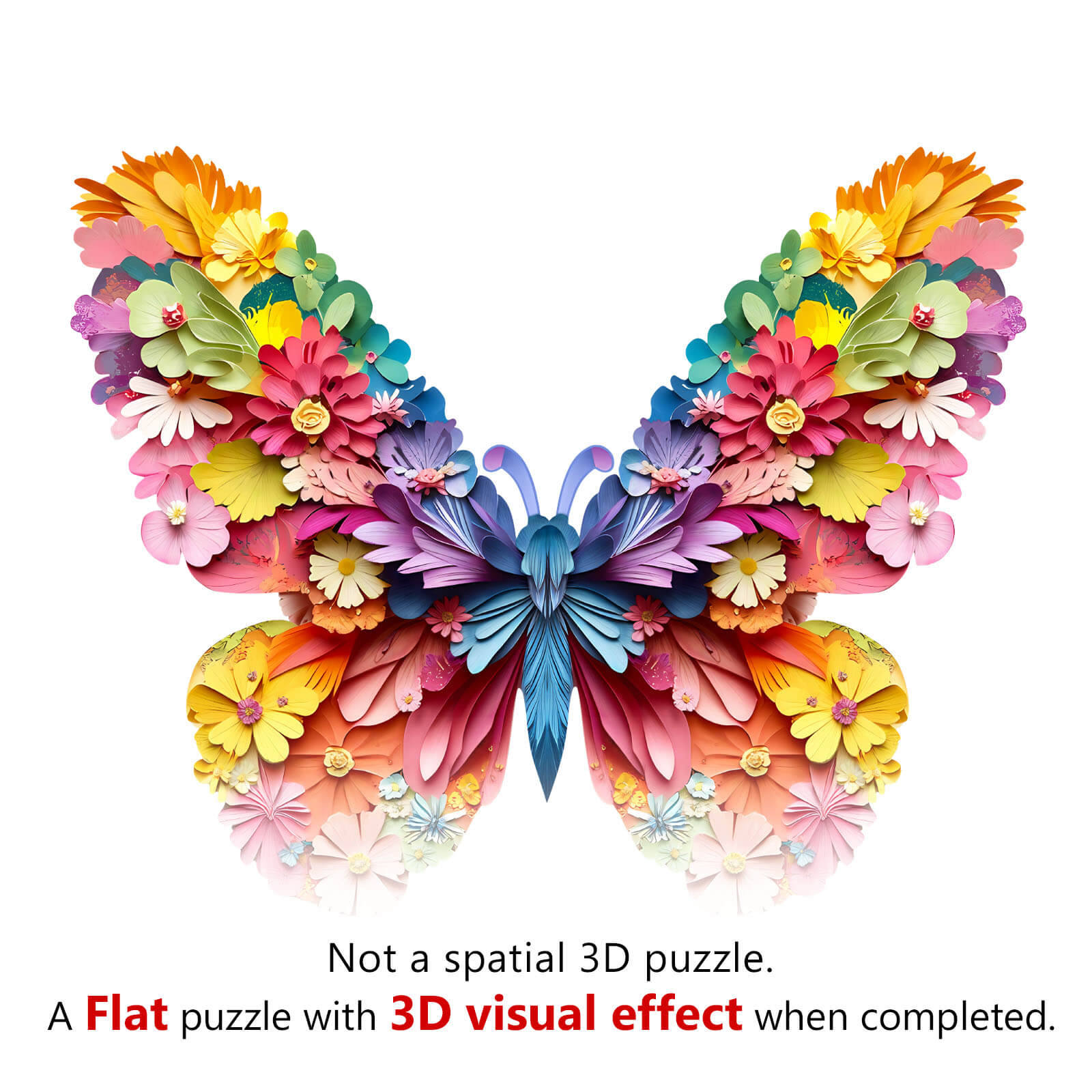 Colorful butterfly design made of flowers in a flat puzzle format with a 3D visual effect upon completion.