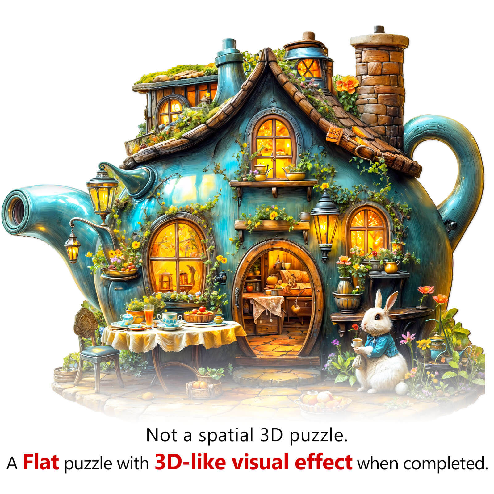 Colorful Rabbit's teapot wooden jigsaw puzzle showcasing a whimsical design, perfect for enhancing focus and mental skills.