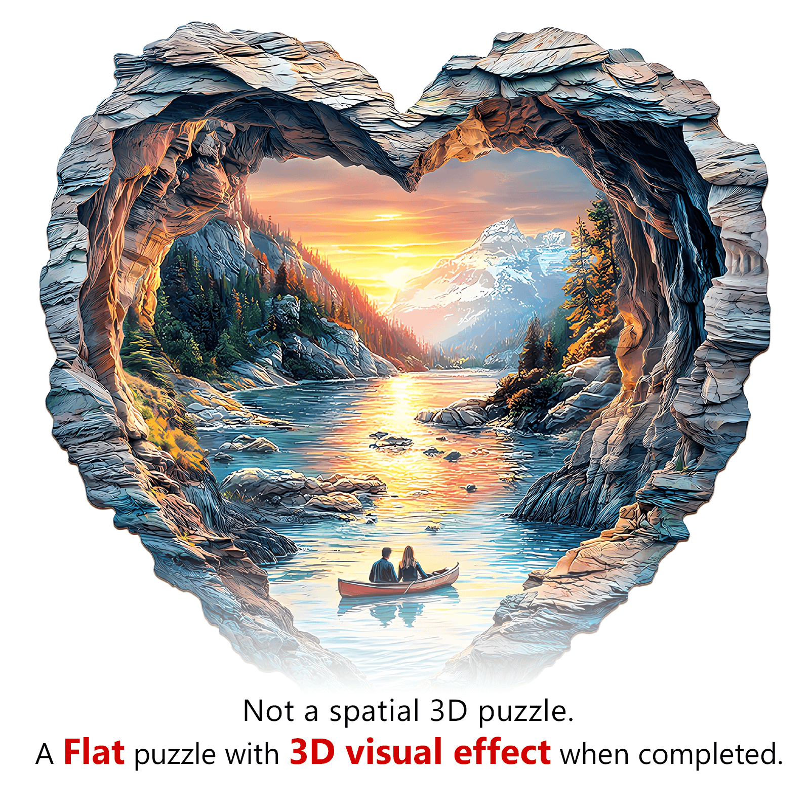 Heart-shaped 3D visual effect lake puzzle, depicting a scenic sunset view, ideal for jigsaw puzzle enthusiasts.