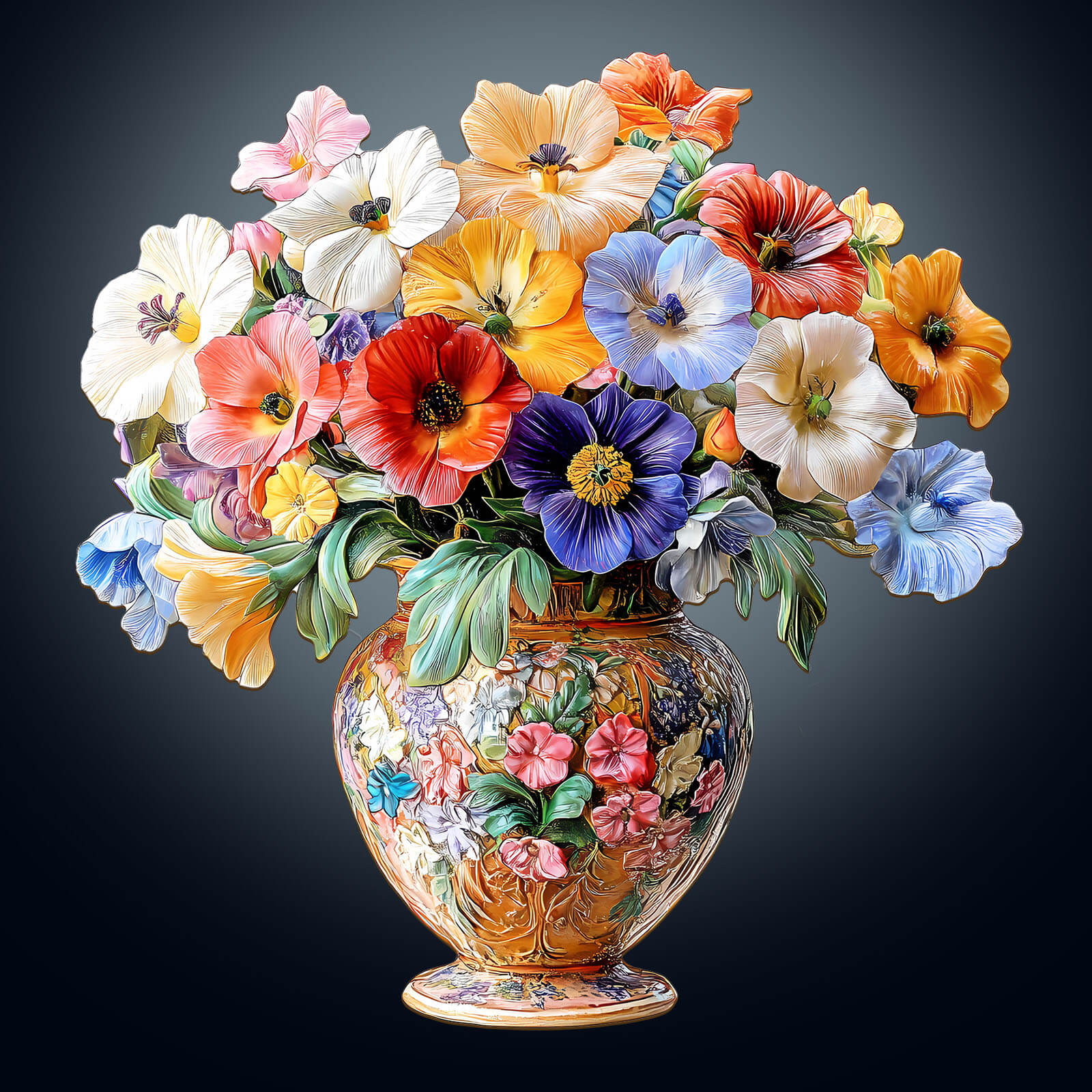 3D Vintage flower jigsaw puzzle showcasing a vibrant bouquet of flowers in an ornate vase, ideal for puzzle enthusiasts.