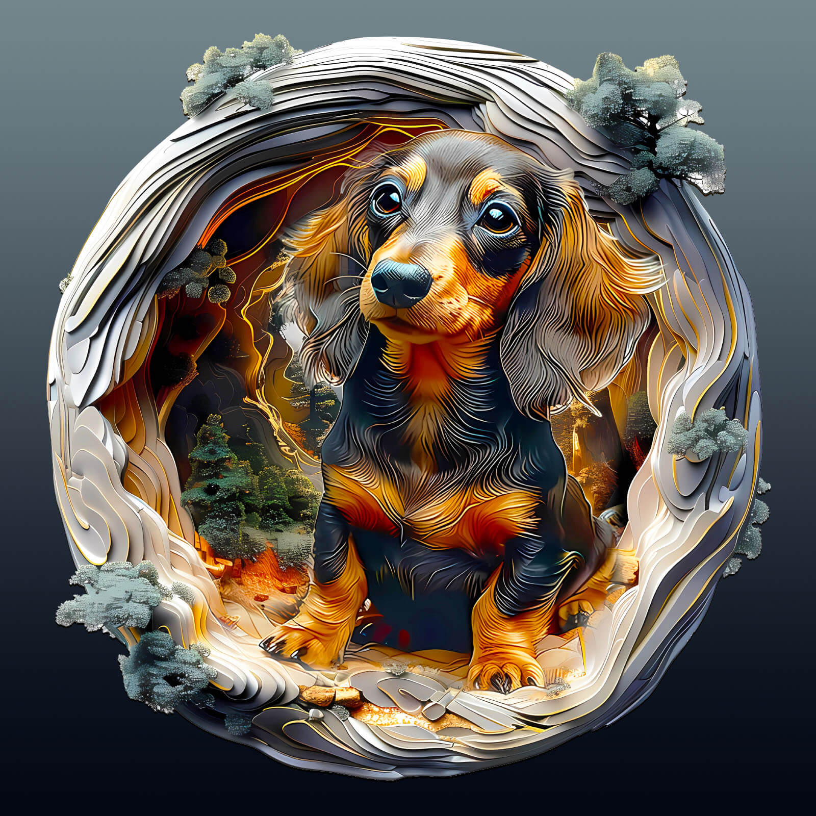 3D dachshund wooden puzzle in vibrant colors, showcasing intricate details of a long-eared dog design.