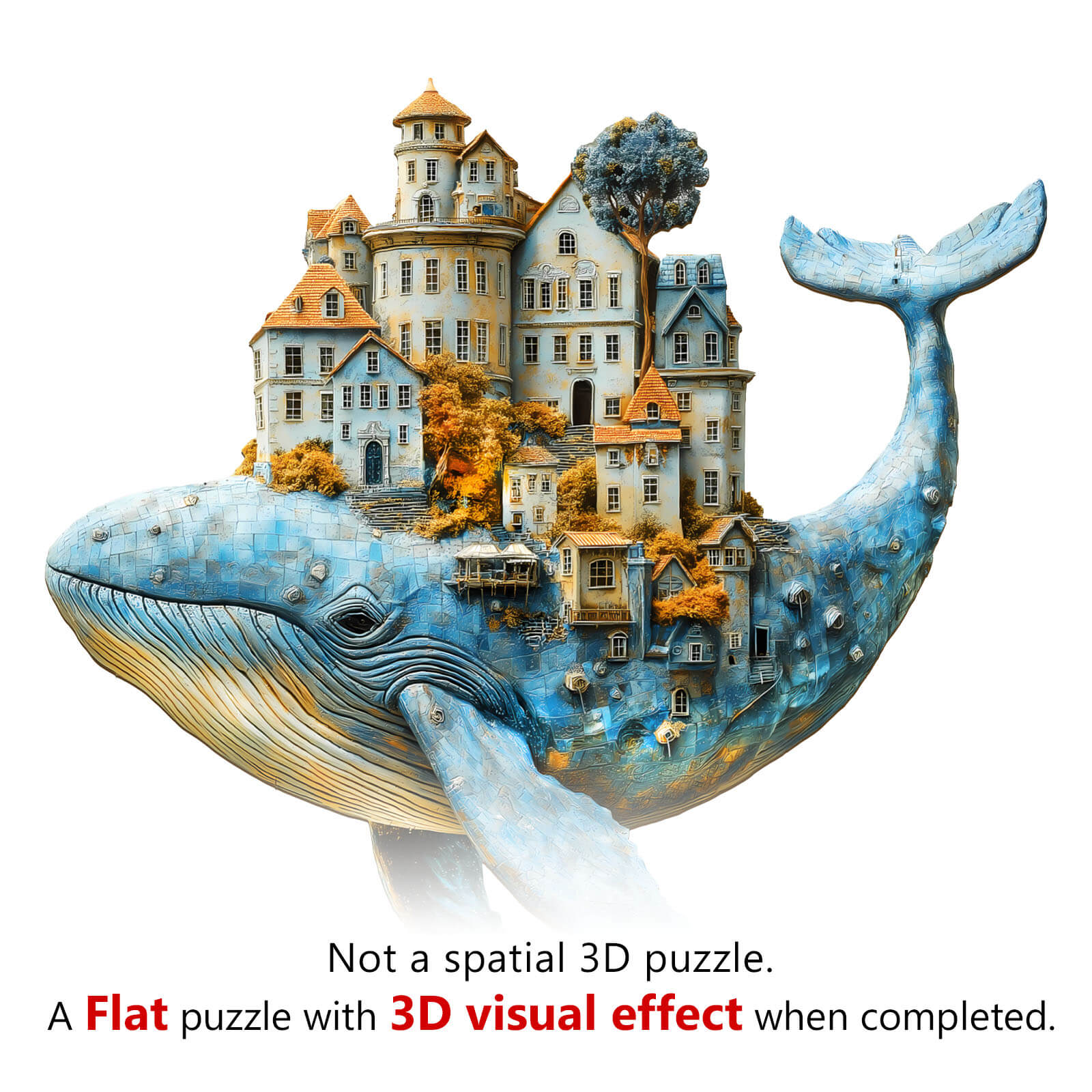 3D Whale City wooden jigsaw puzzle with detailed architecture, showcasing a unique flat design and 3D visual effects.