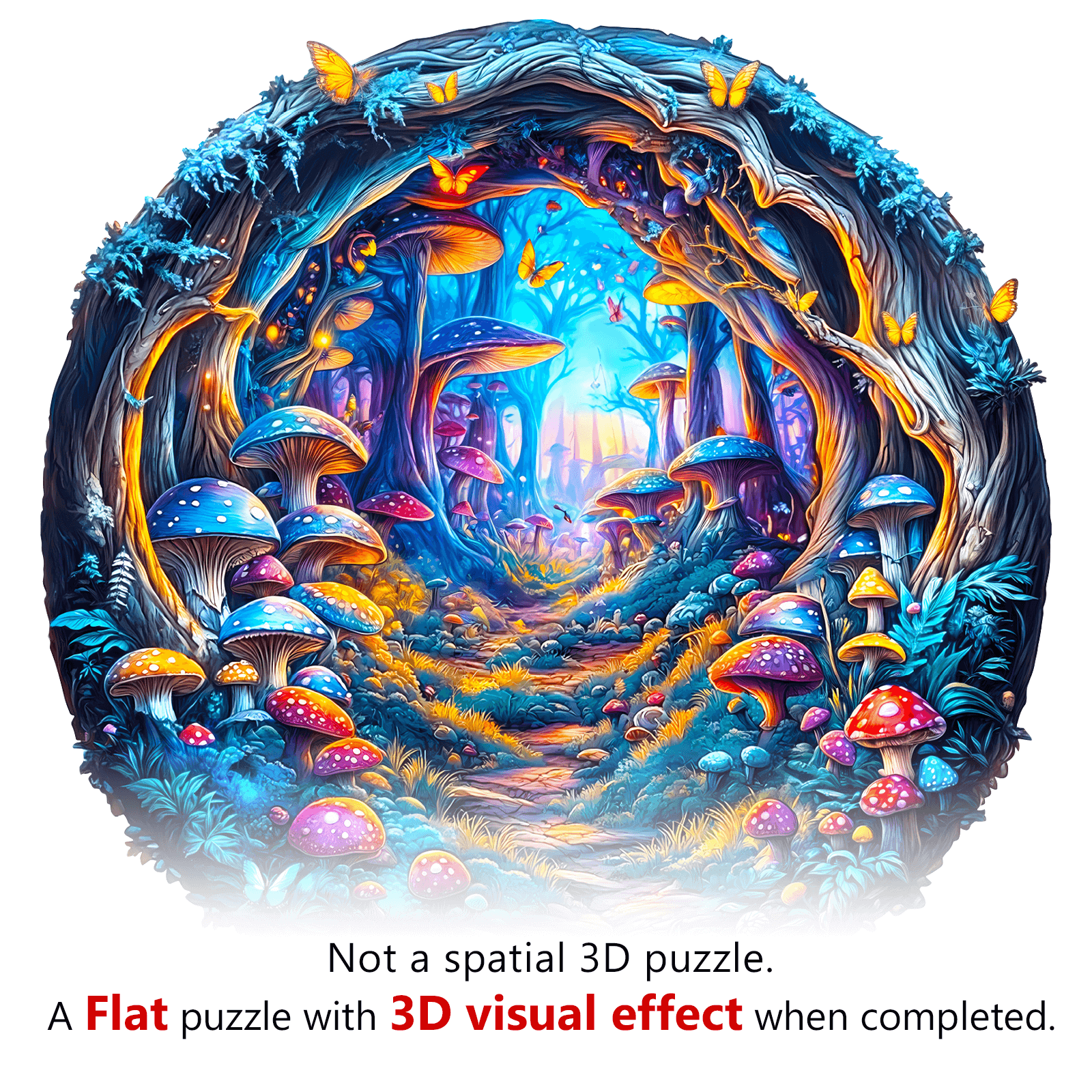 3D Magic Mushroom jigsaw puzzle image illustrating 3D visual effect; not a spatial puzzle, but flat with stunning design.