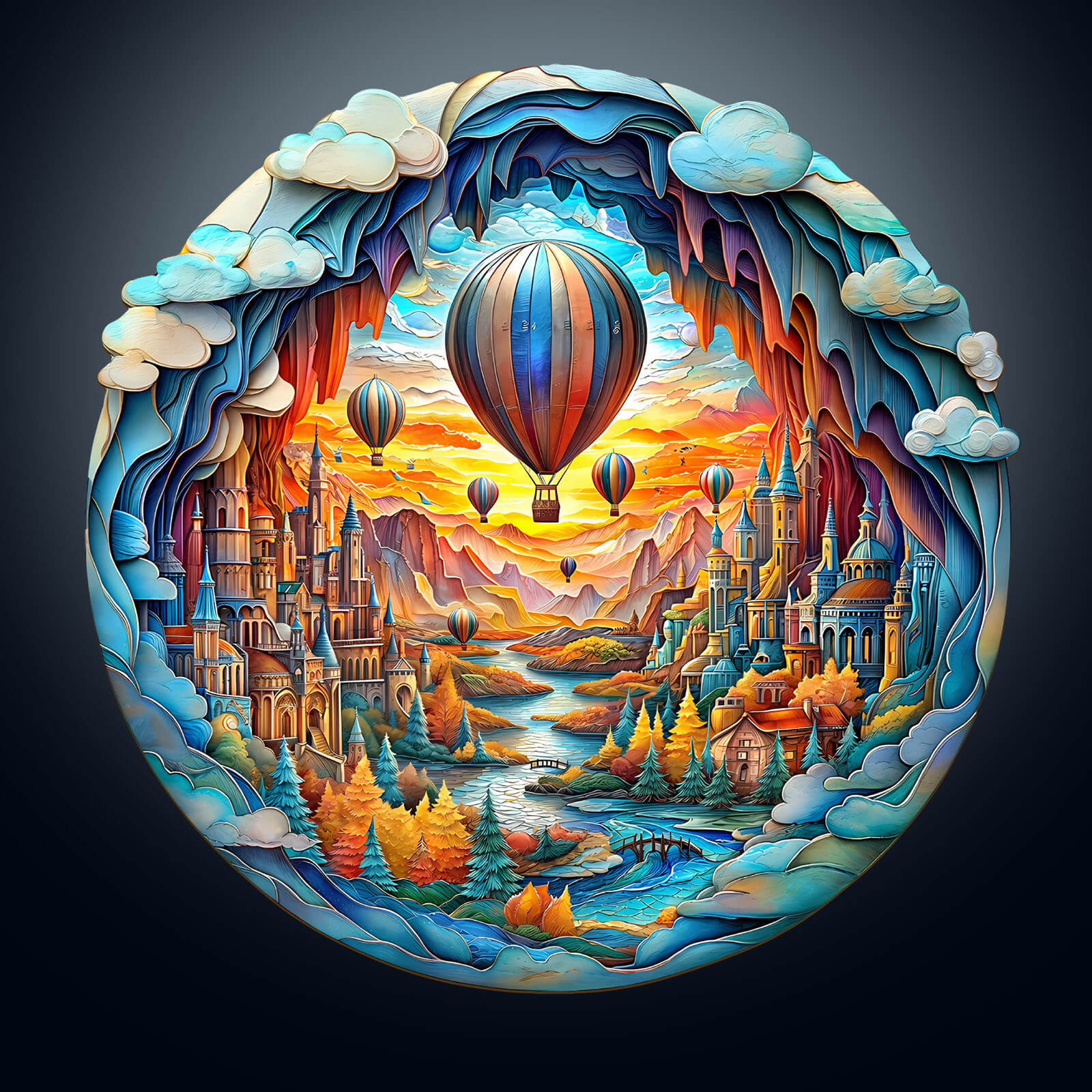 3D Balloon Town wooden jigsaw puzzle showcasing colorful hot air balloons over a scenic landscape.