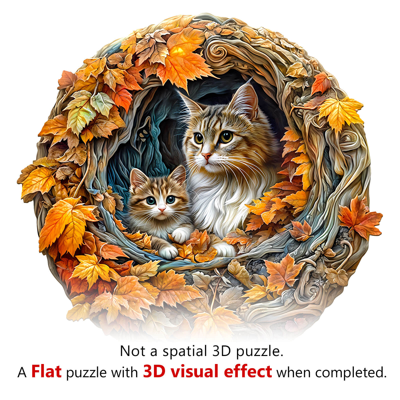 3D cat mom jigsaw puzzle featuring a cat and kitten in a nest of autumn leaves, highlighting flat design with 3D effect.
