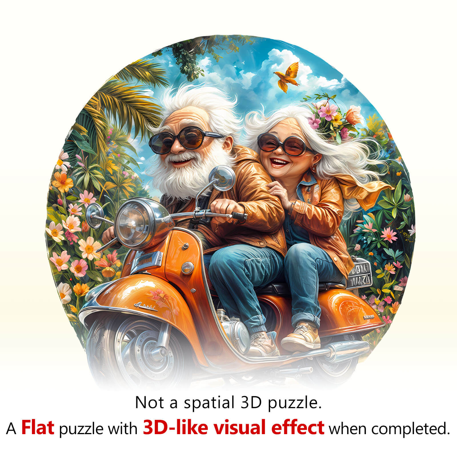 Motorcycle Granny-2 wooden jigsaw puzzle featuring a cheerful couple on a scooter amidst vibrant nature.
