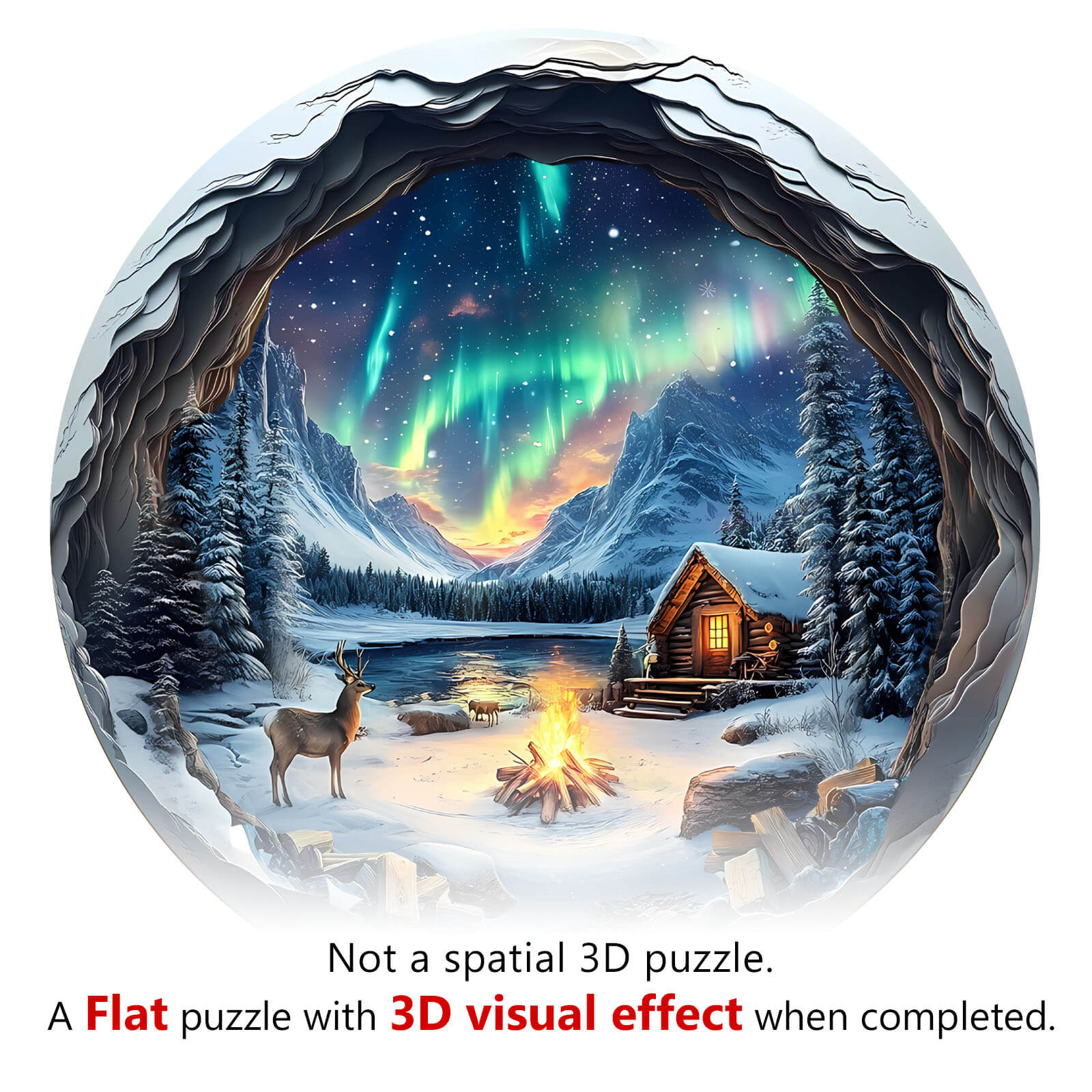 Colorful 3D Aurora World Wooden Jigsaw Puzzle showcasing Northern Lights over snowy landscape and cozy cabin.