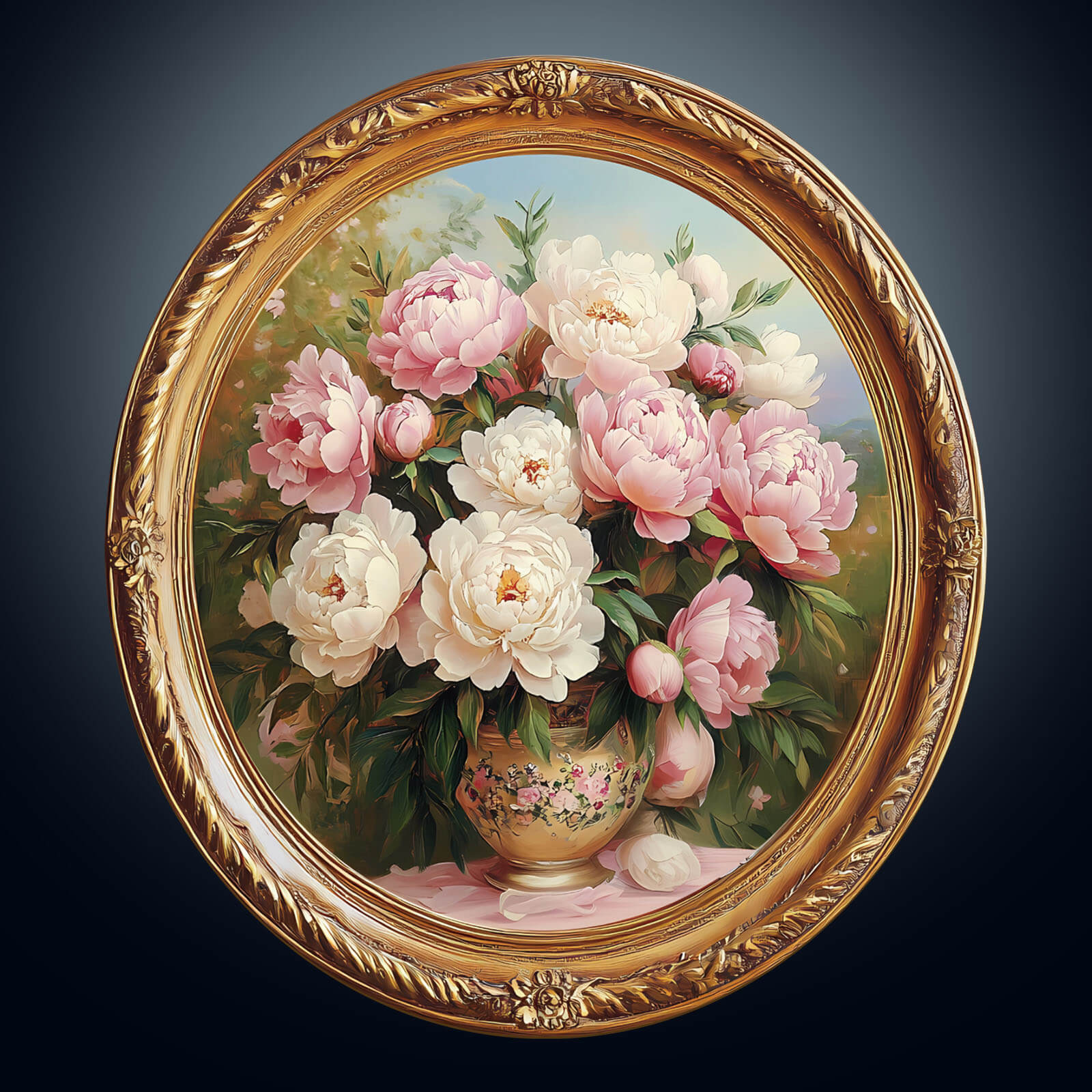 Framed painting of a bouquet of pink and white peonies in a decorative vase against a soft background.