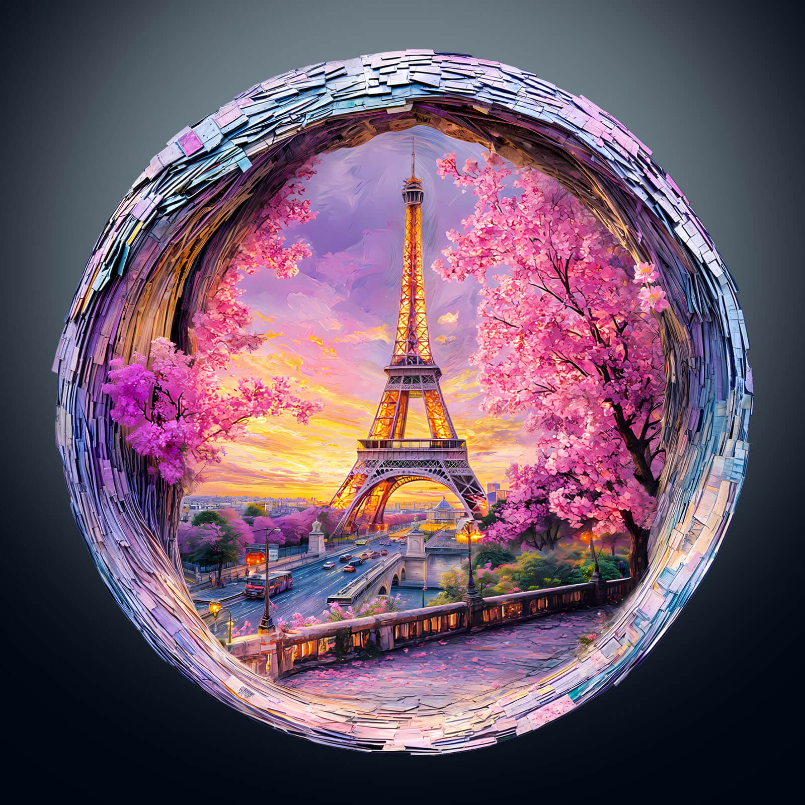 3D Four Seasons in Paris jigsaw puzzle featuring the Eiffel Tower surrounded by vibrant cherry blossoms and sunset colors.