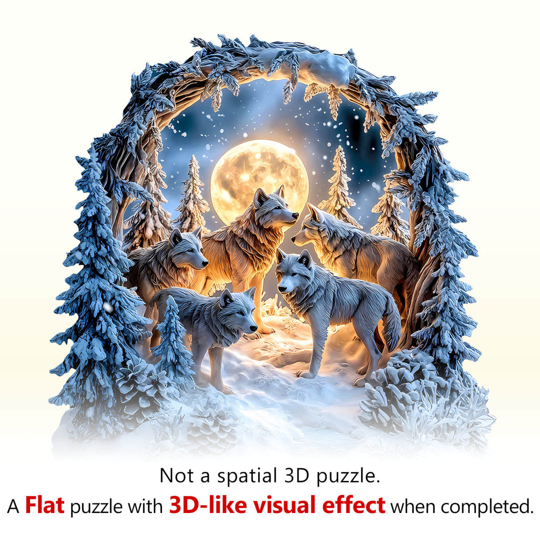 Puzzle en bois du meute de loups par une nuit enneigée