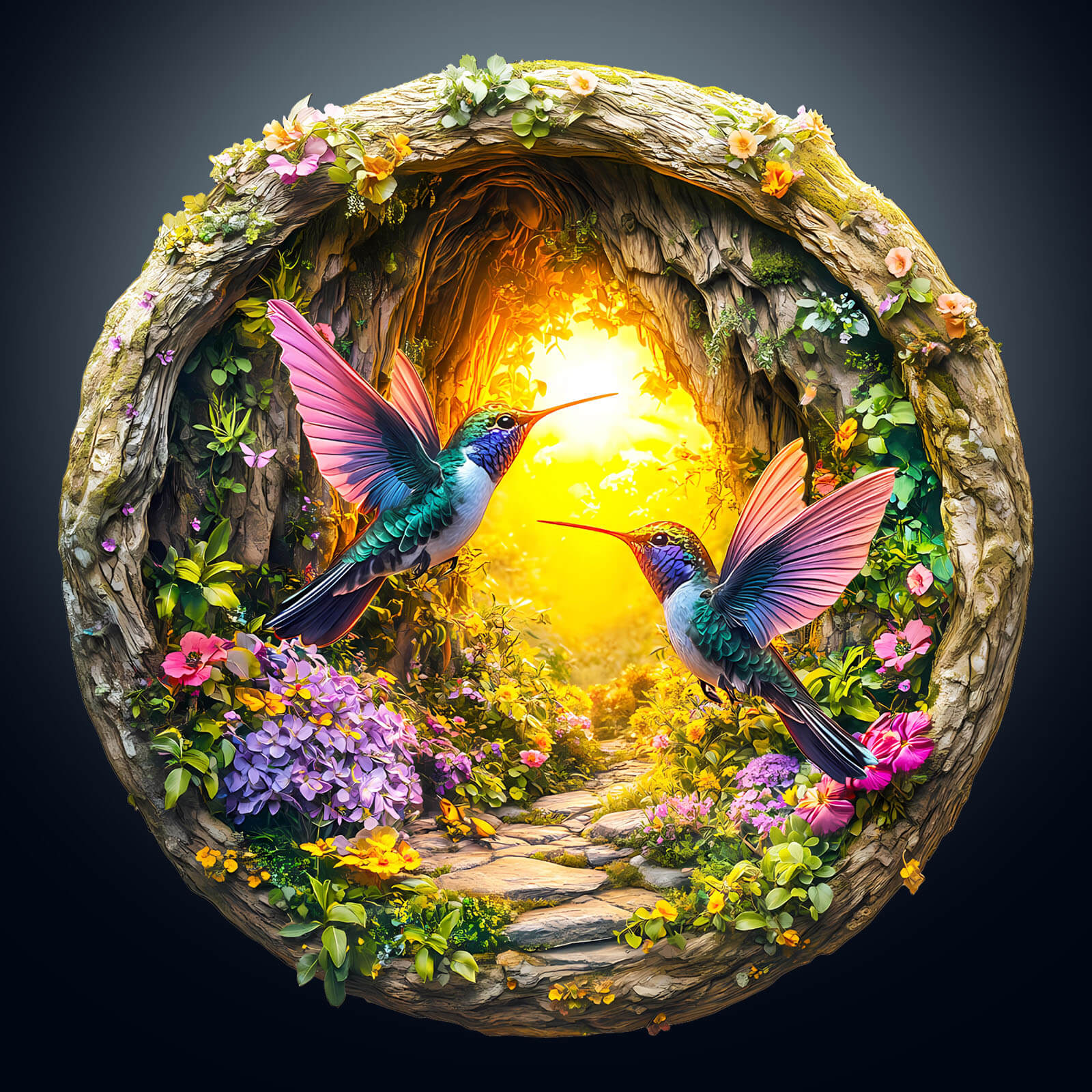 3D Hummingbird in the Cave-1 wooden jigsaw puzzle featuring two colorful hummingbirds and vibrant floral details.