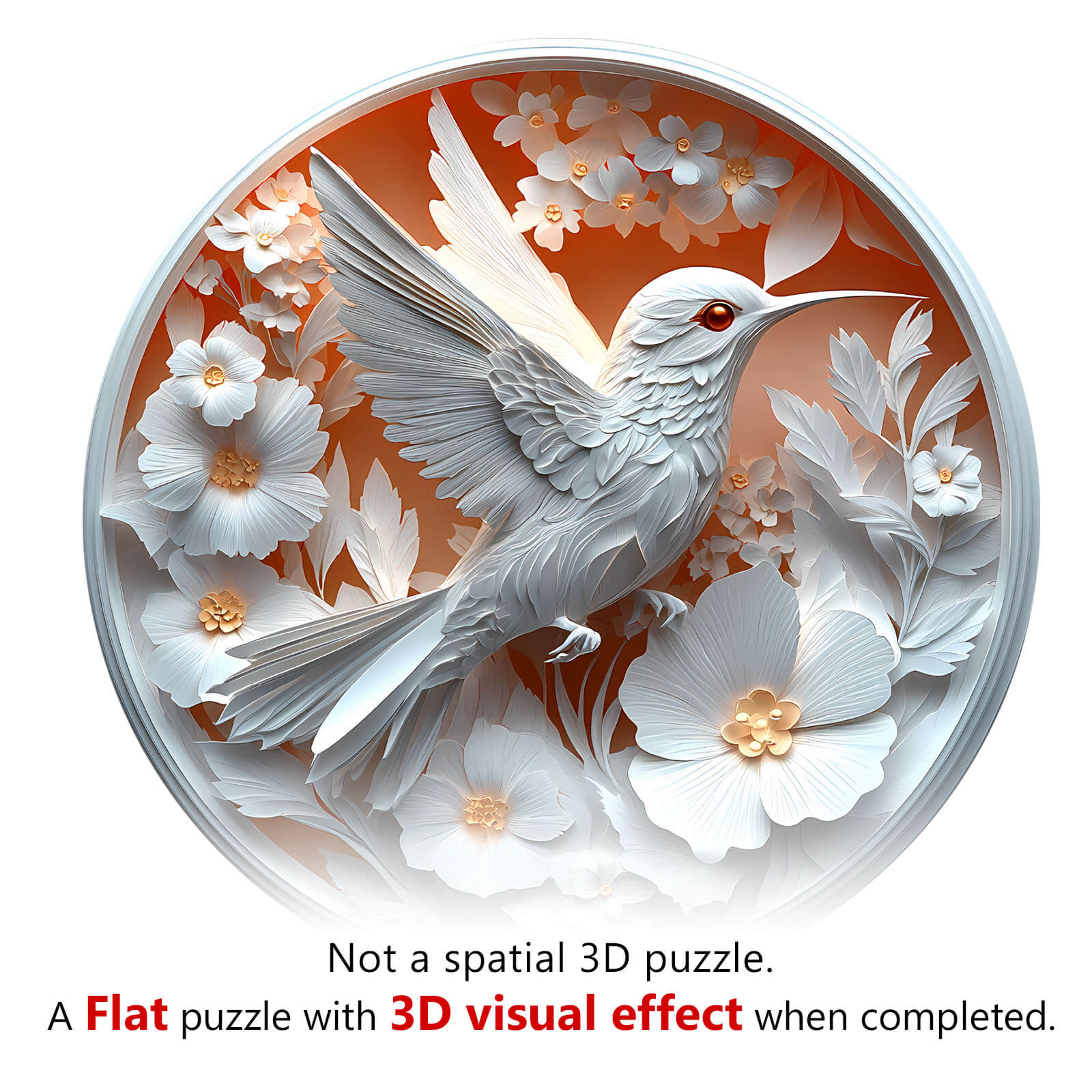 3D Paper Hummingbird Wooden Jigsaw Puzzle featuring a flat design with intricate floral details and a striking visual effect.