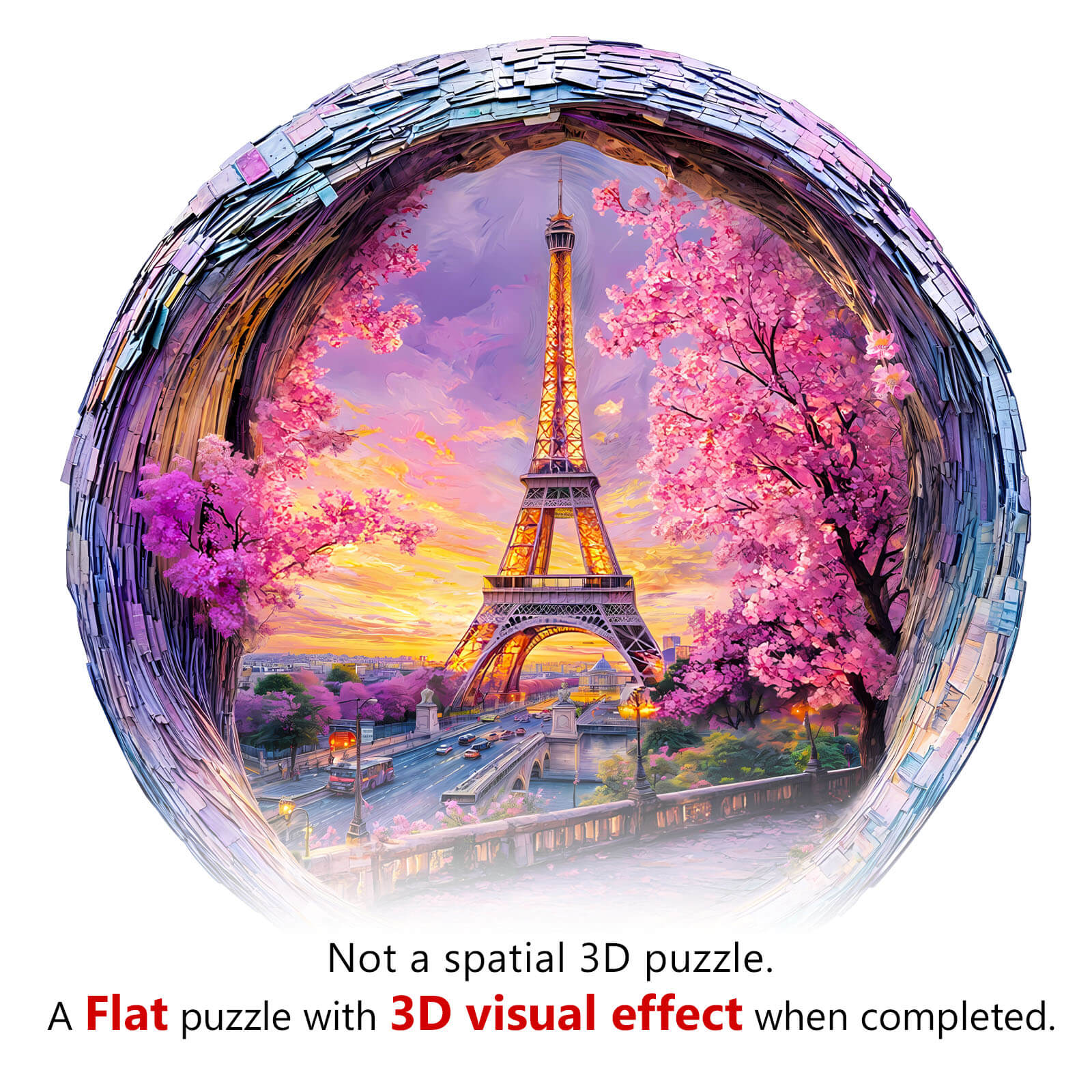 3D Four Seasons in Paris wooden jigsaw puzzle, featuring Eiffel Tower and cherry blossoms.