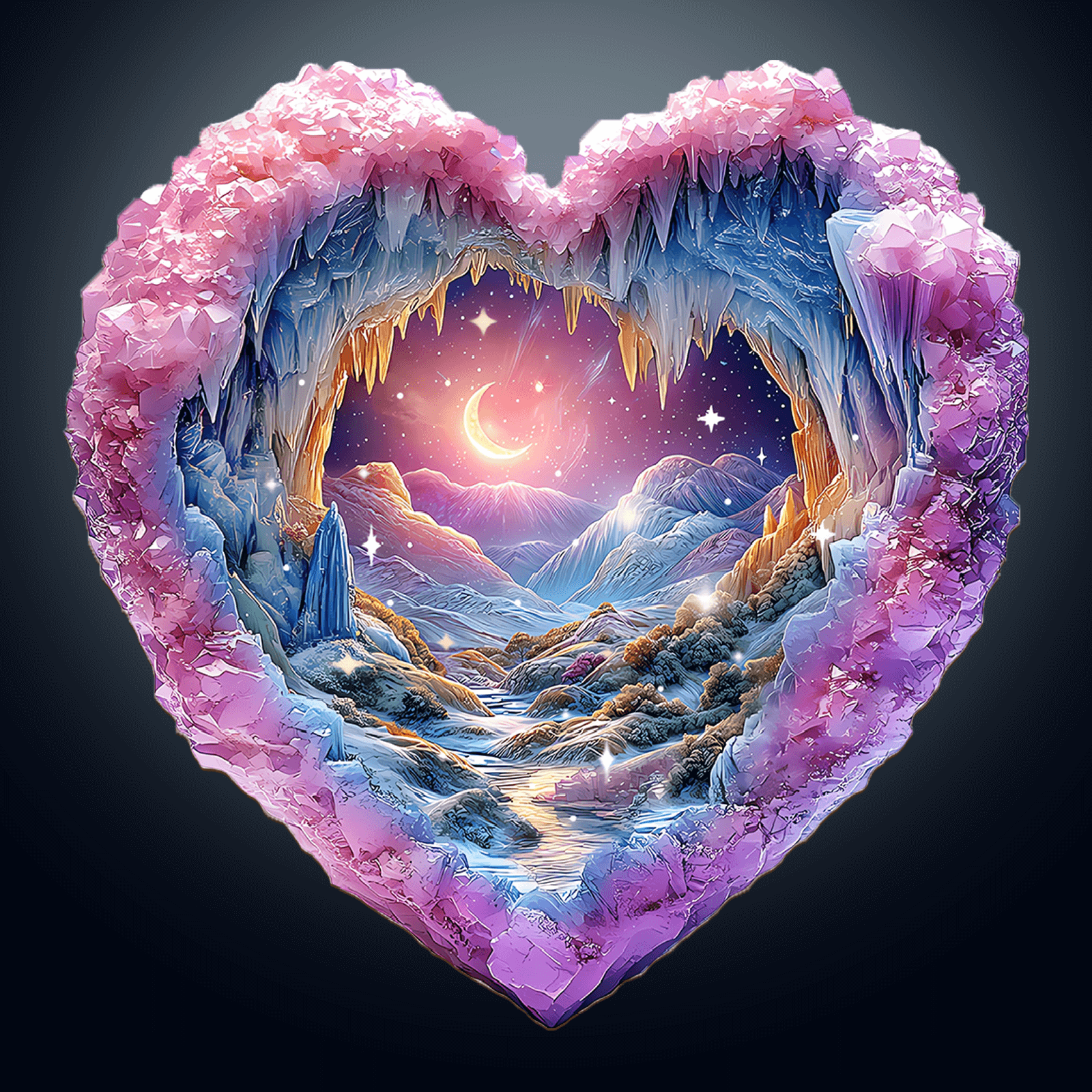 3D Romantic Star puzzle featuring a heart-shaped crystal cave with a magical landscape and glowing moon.