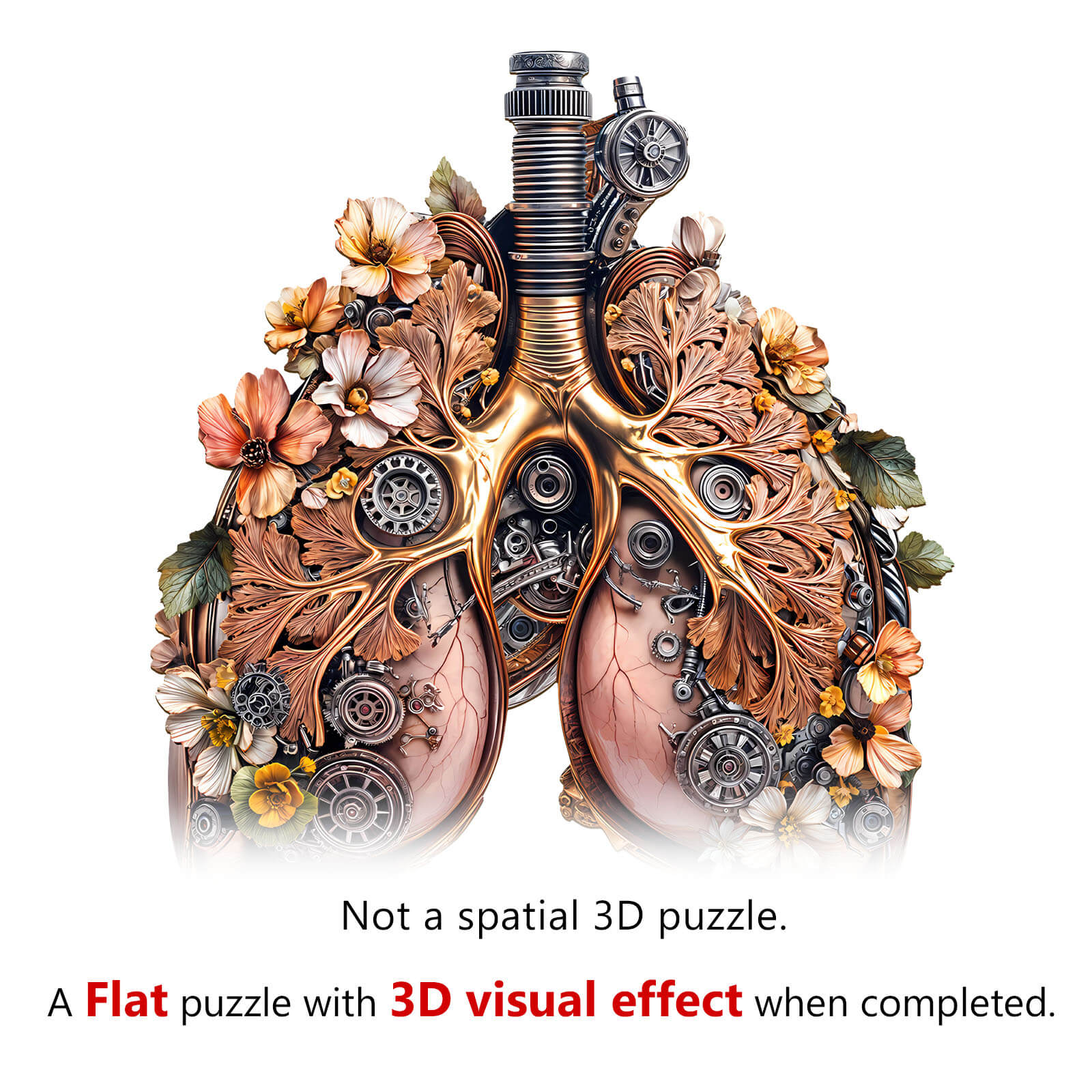 3D Mechanical Lung Wooden Jigsaw Puzzle featuring intricate floral and gear designs, offering a unique visual experience.