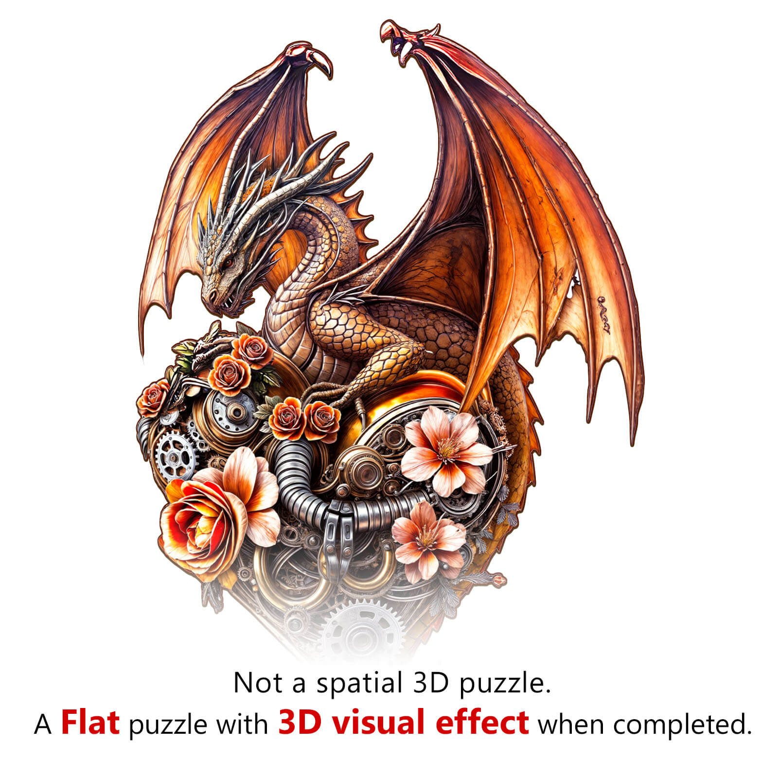 Dragon Heart Machina wooden jigsaw puzzle artwork showcasing a dragon and floral designs with 3D visual effect.