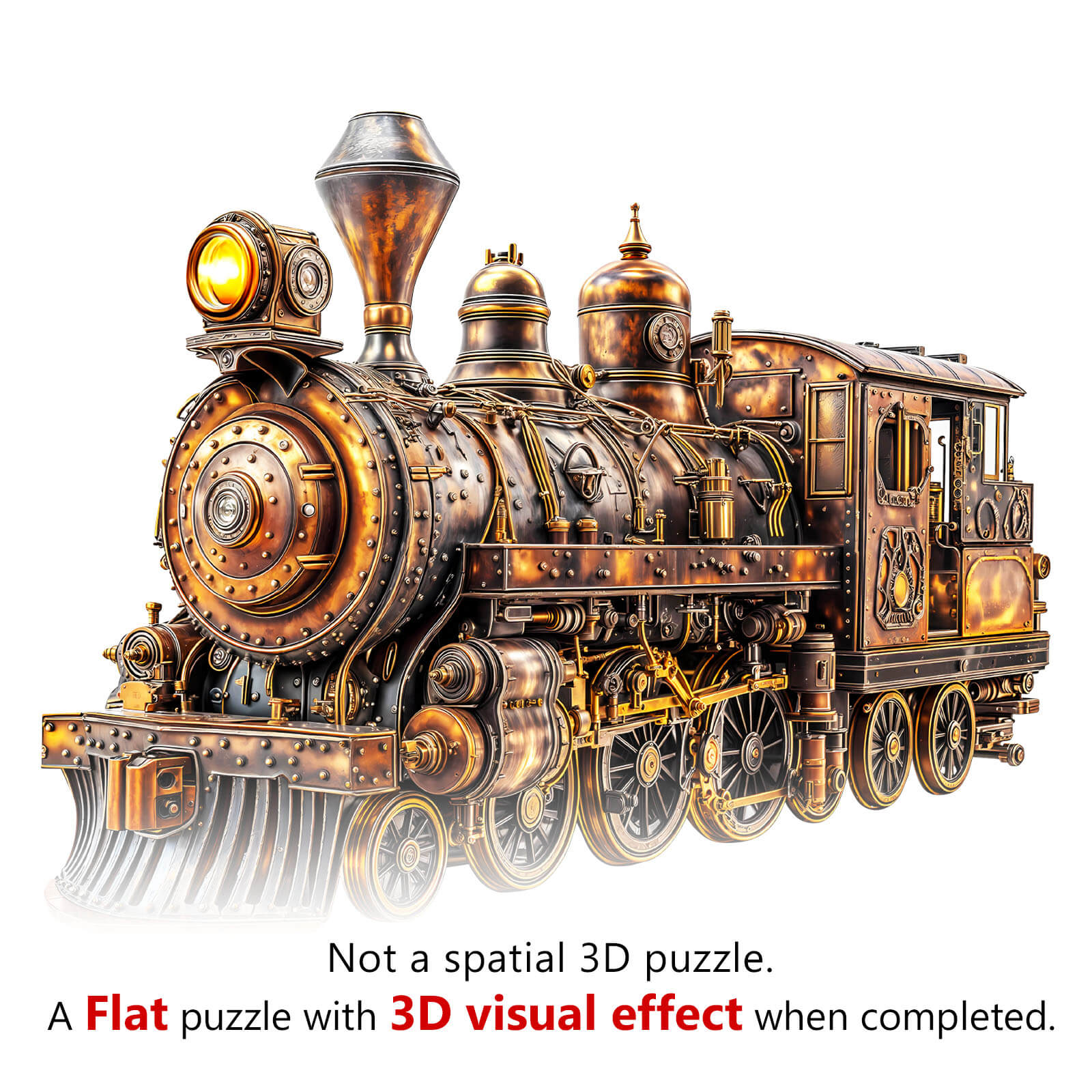 3D Mechanical Steam Train Wooden Jigsaw Puzzle showcasing intricate details and a 3D visual effect when completed.