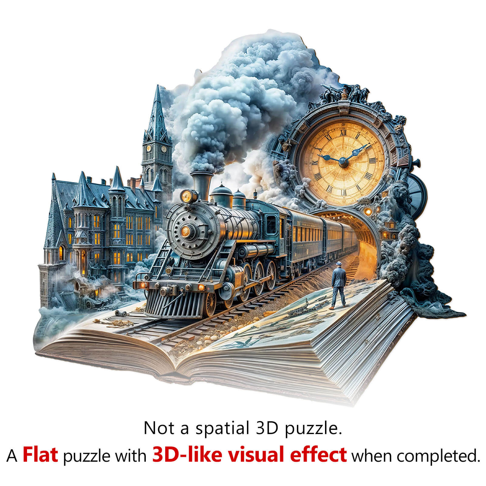 Chrono Train wooden jigsaw puzzle depicting a steam locomotive and clock, showcasing a 3D-like visual effect when completed.