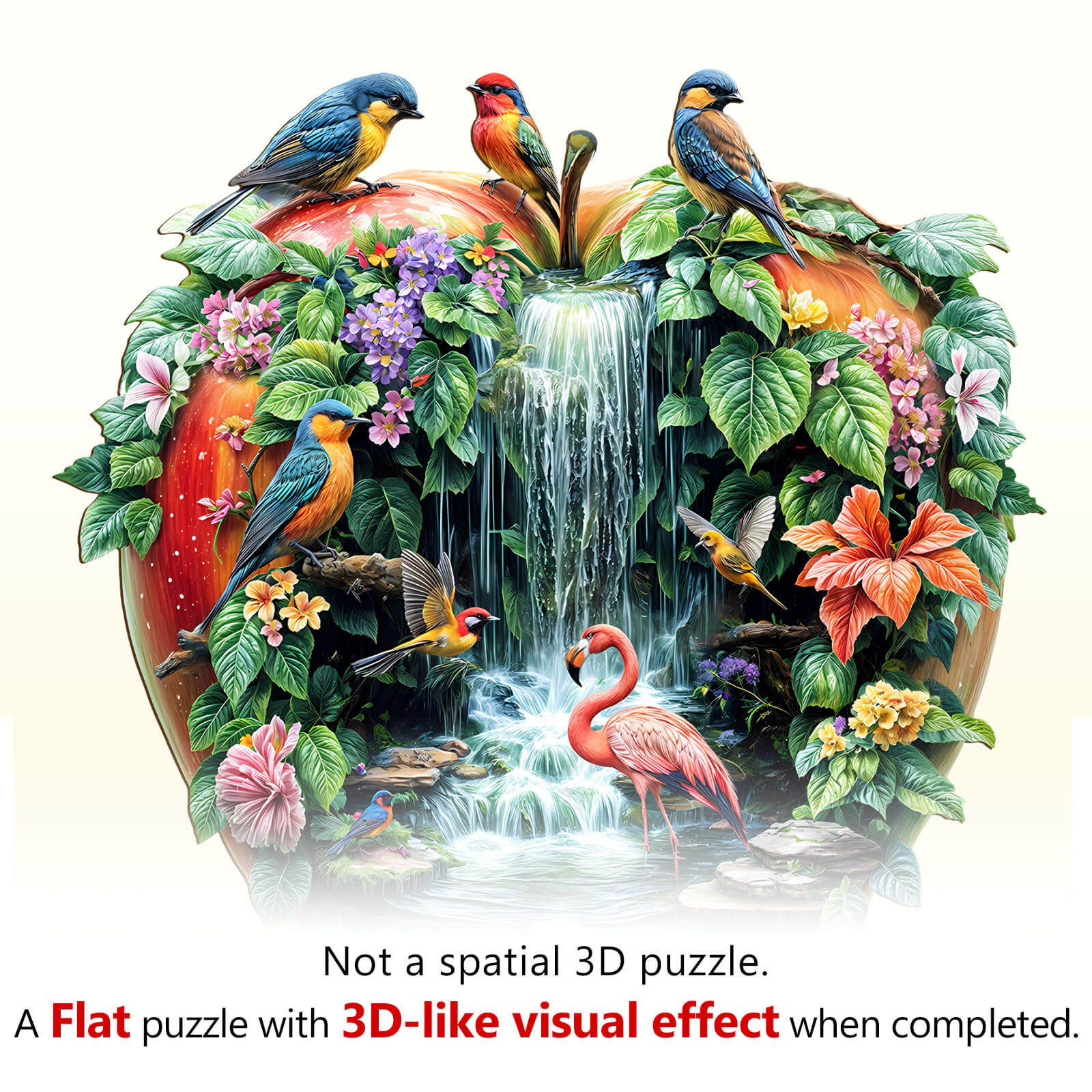 Colorful Paradise Garden jigsaw puzzle featuring birds, flowers, and a waterfall with a 3D-like visual effect when completed.