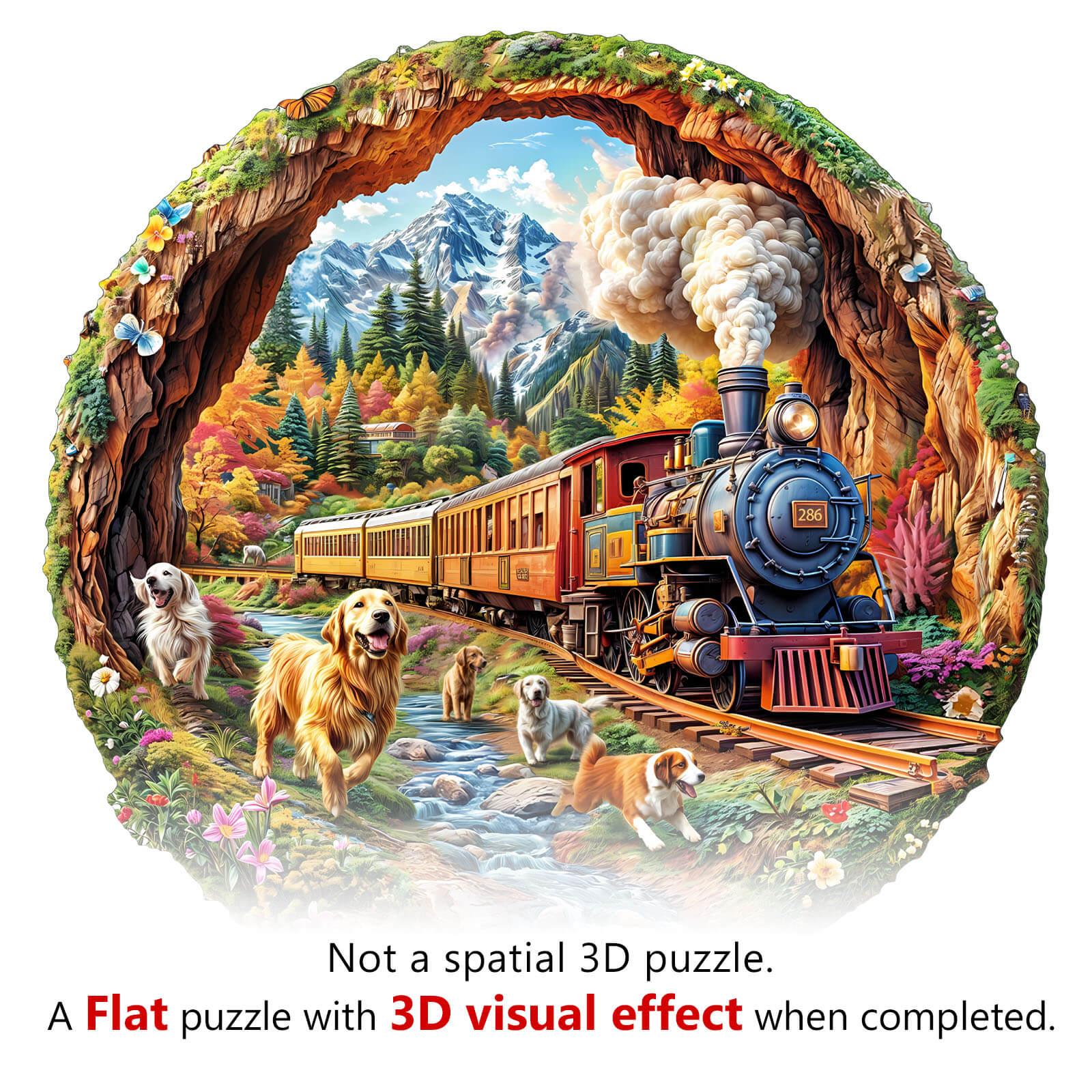 3D Racing the Train-1 wooden jigsaw puzzle showcasing a colorful train in nature with 3D visual effect description.