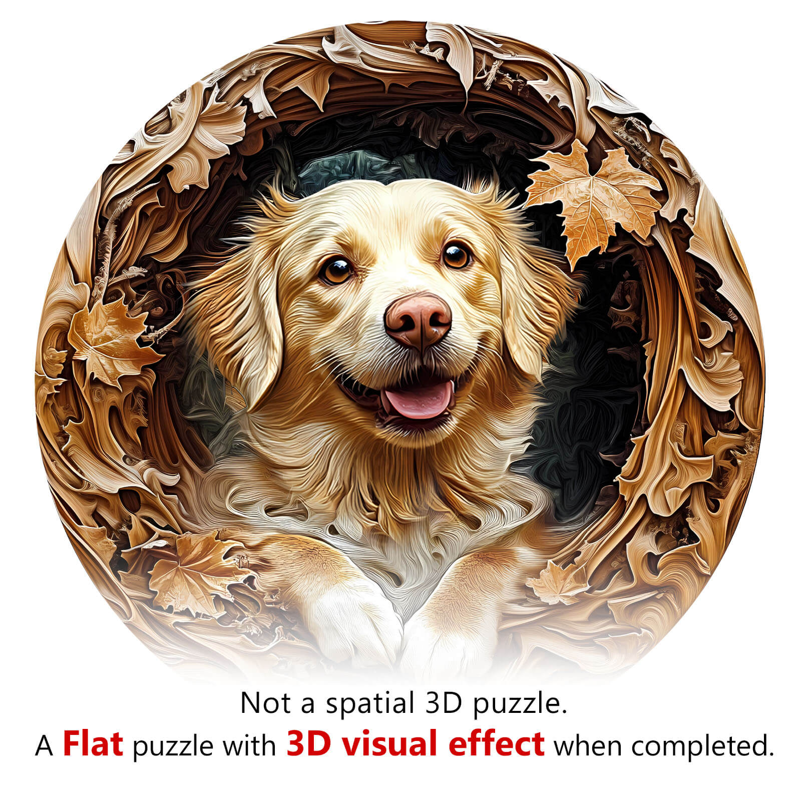 3D Golden Retriever-2 wooden jigsaw puzzle with a flat design and stunning 3D visual effects when completed.