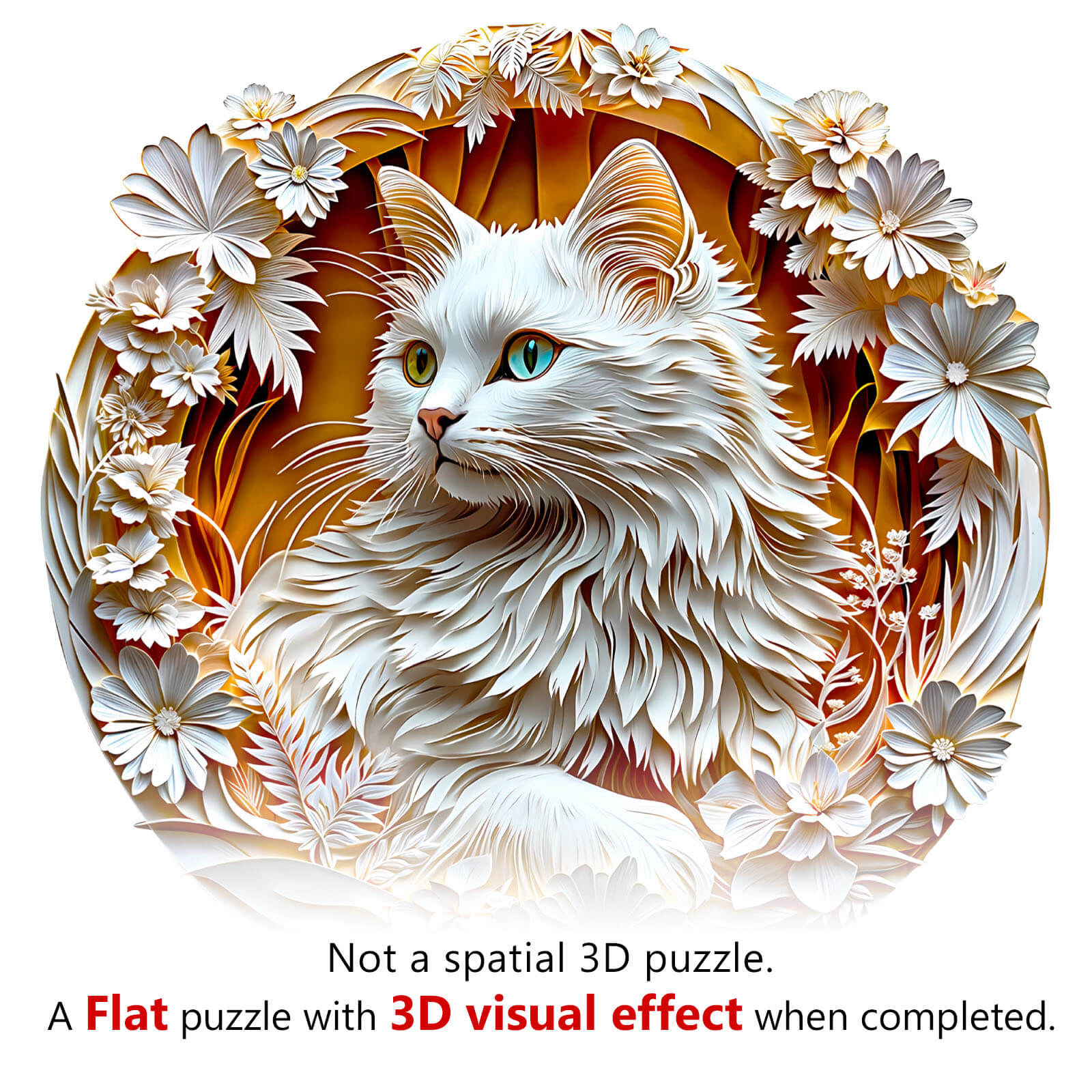 3D Cat-2 wooden jigsaw puzzle featuring a cat and floral design, offering a unique 3D visual effect upon completion.