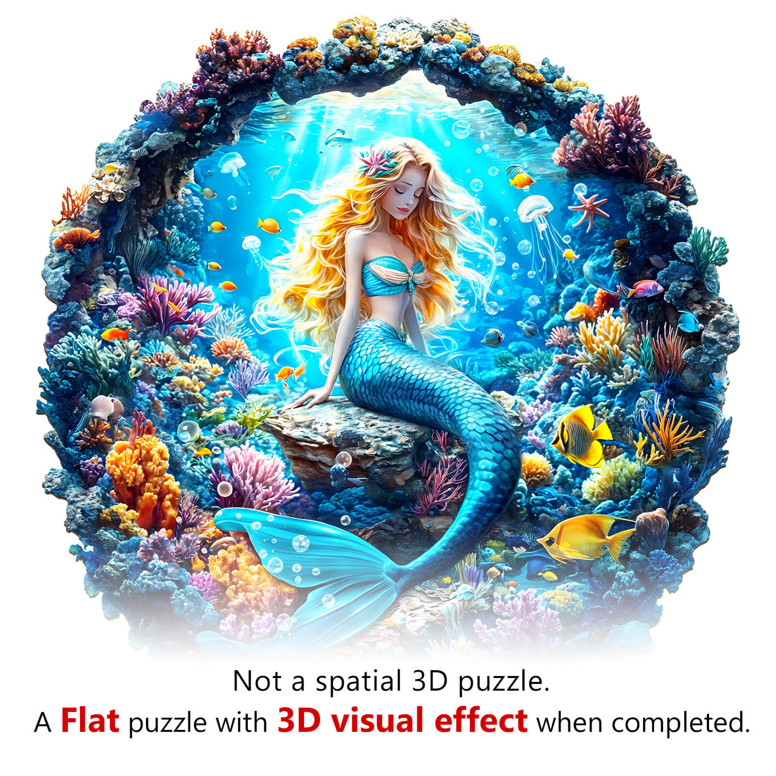 3D Mermaid Wooden Jigsaw Puzzle showcasing vibrant underwater scene with mermaid and colorful sea life.