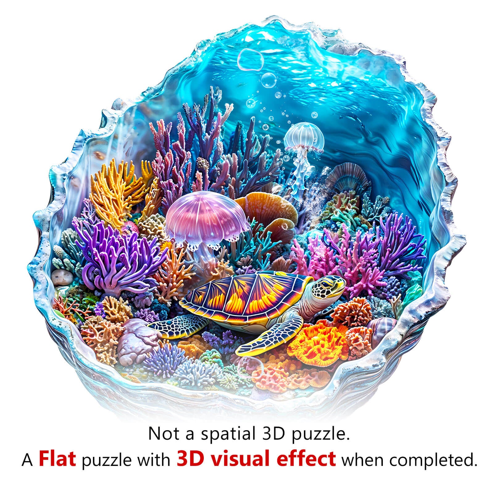 3D Ocean's Embrace wooden jigsaw puzzle with vibrant ocean life, featuring turtles, jellyfish, and colorful corals.
