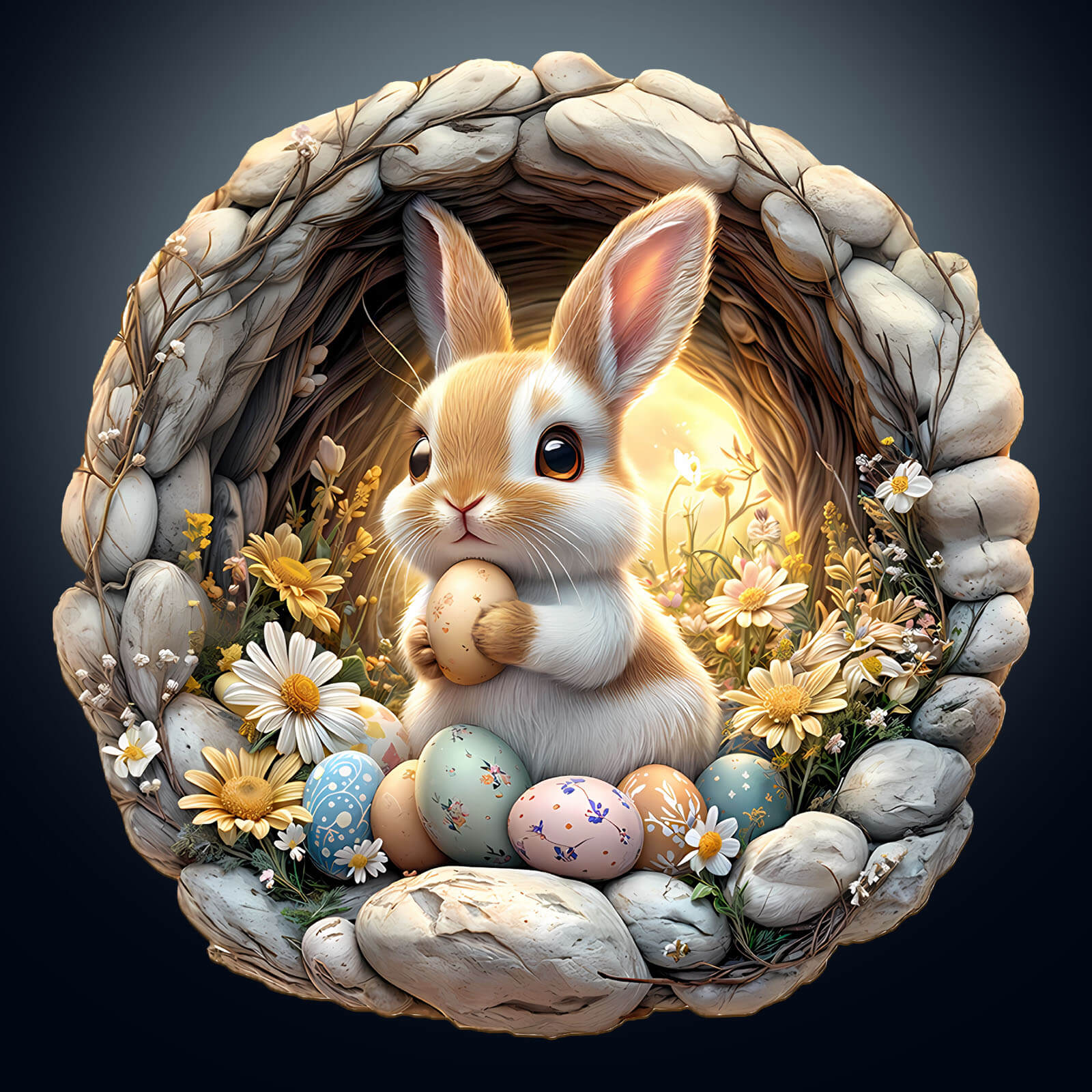 3D Cave Easter Bunny wooden jigsaw puzzle with bunny, colorful eggs, and daisies in a stone nest.