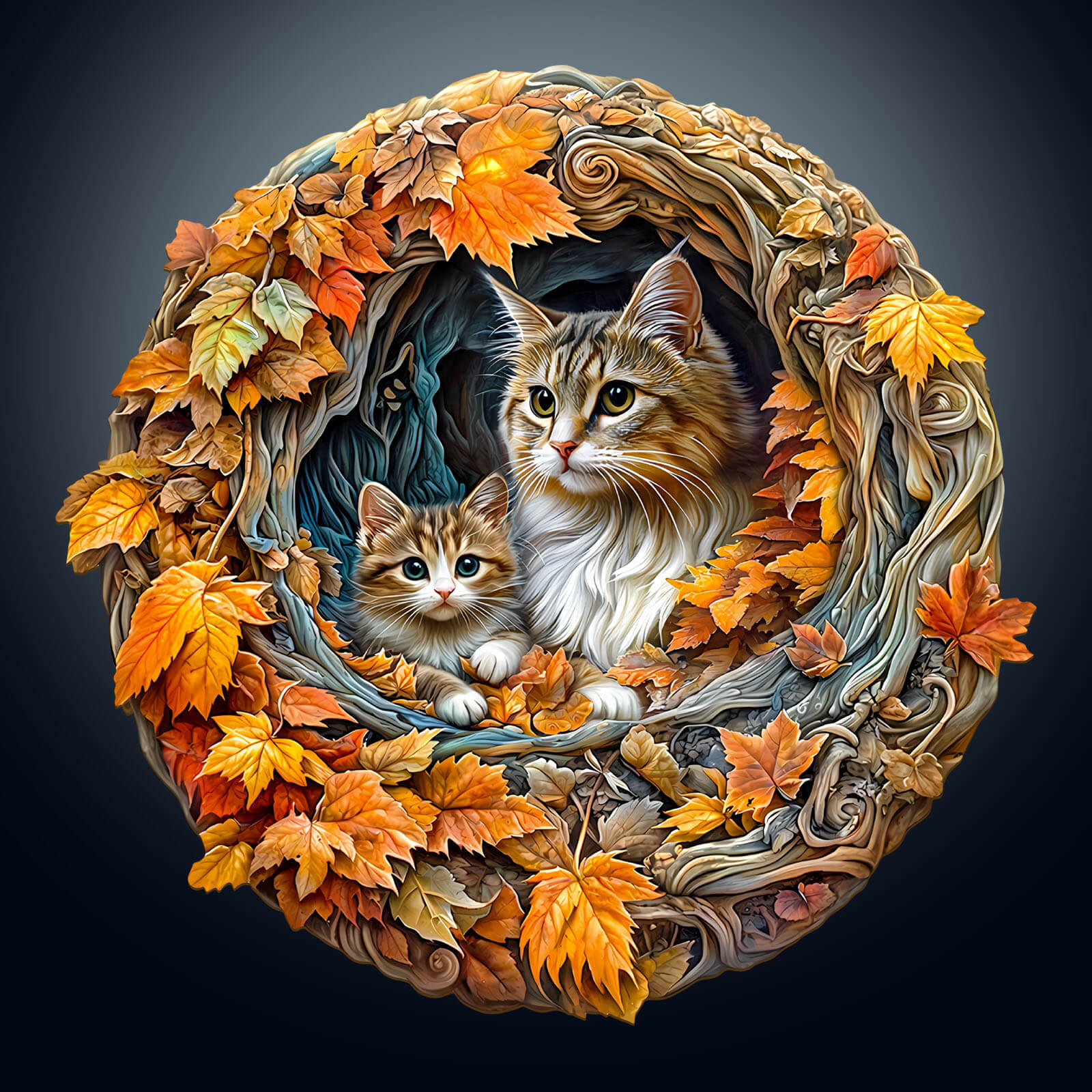3D cat mom jigsaw puzzle featuring a detailed illustration of a mother cat and her kitten surrounded by autumn leaves.