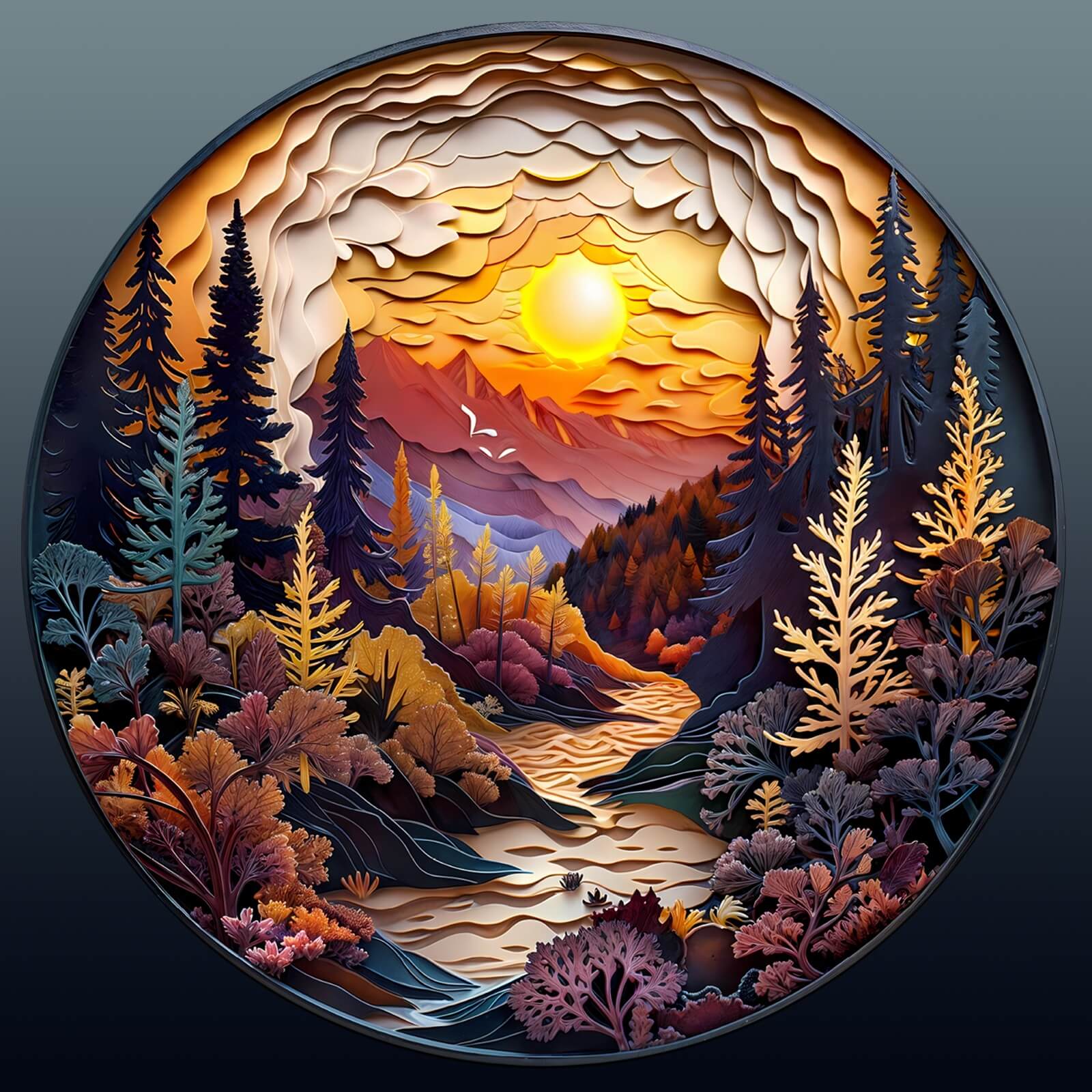 3D Sunset Forest wooden jigsaw puzzle showcasing intricate layers and vibrant colors of nature.
