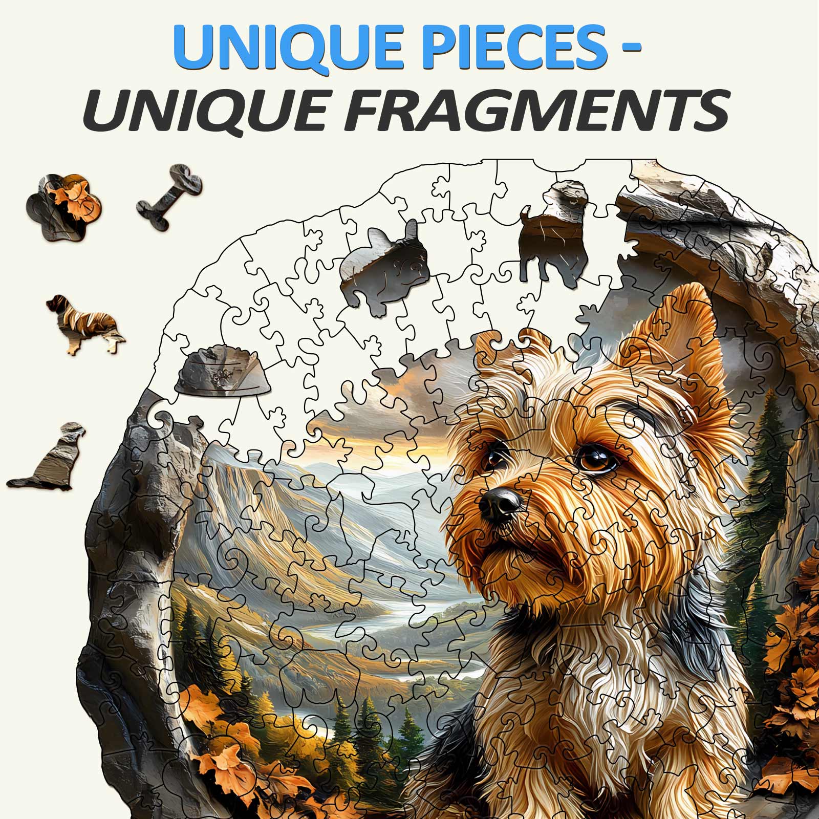 3D Yorkshire wooden jigsaw puzzle with unique pieces featuring a Yorkshire Terrier in an outdoor setting.
