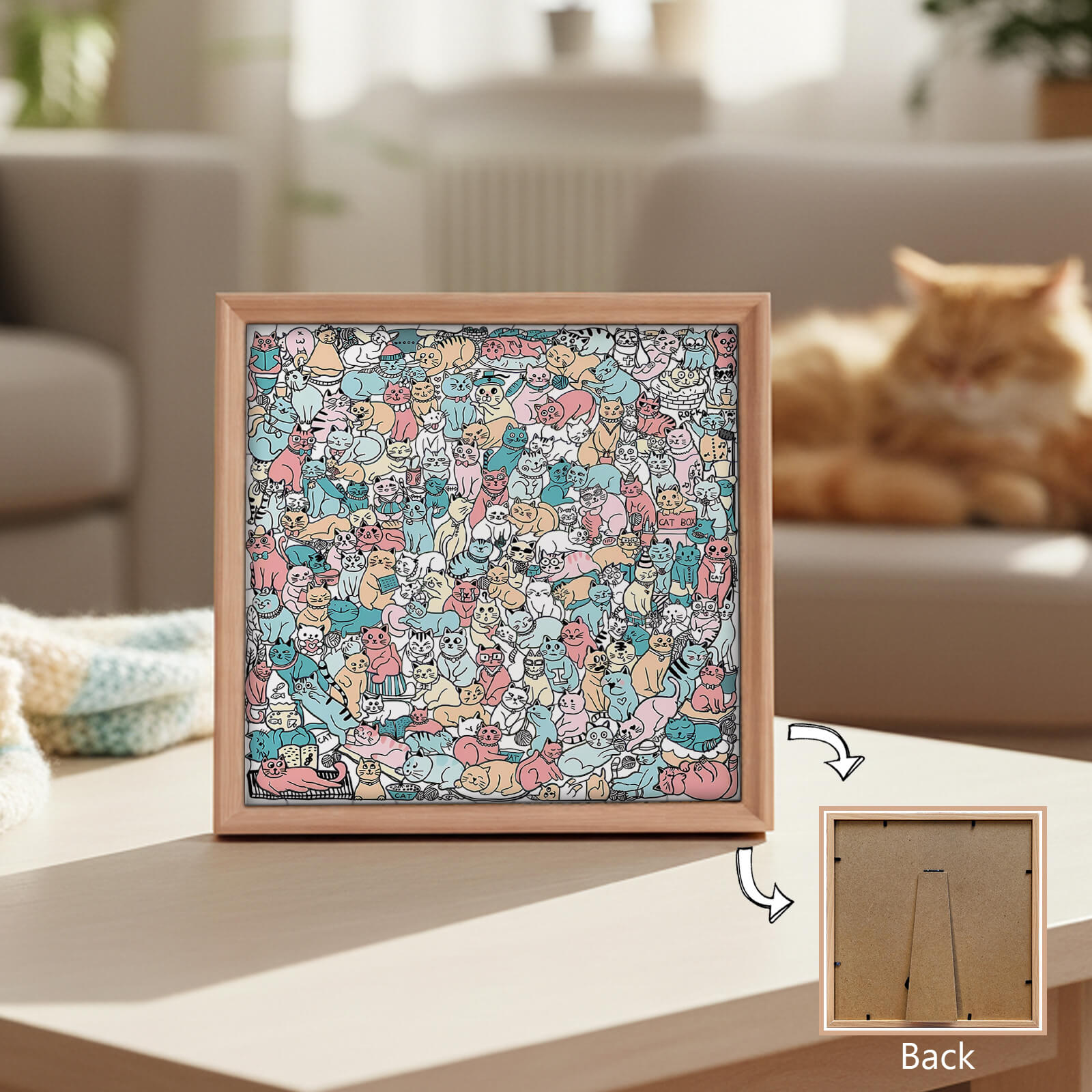 Puzzle carré en bois 175 pièces couleur Morandi en forme de chat mignon