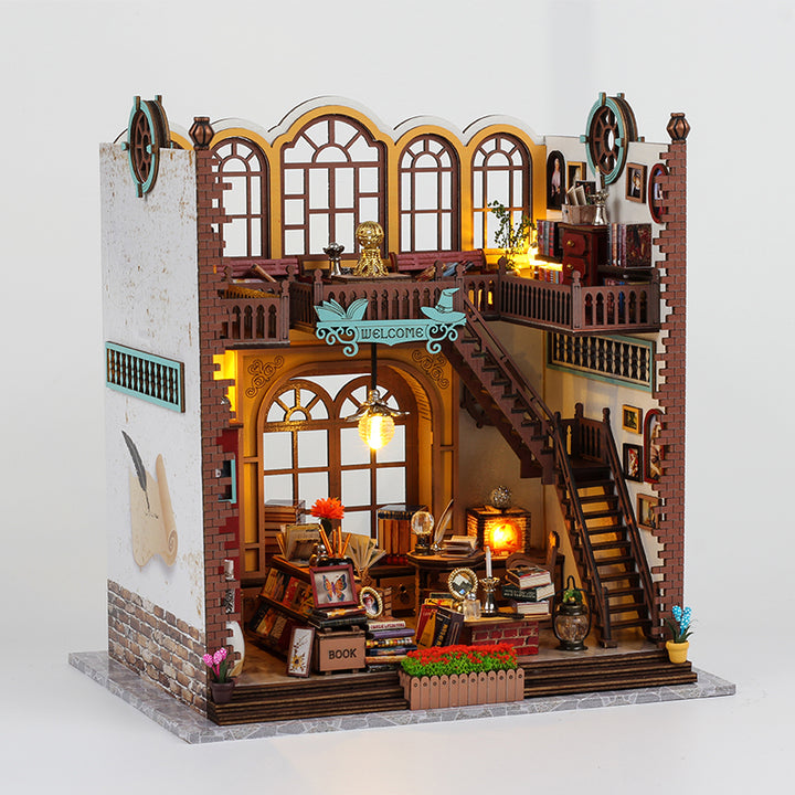 3D wooden DIY book nook kit featuring a cozy, detailed book store with warm lighting and classical décor.