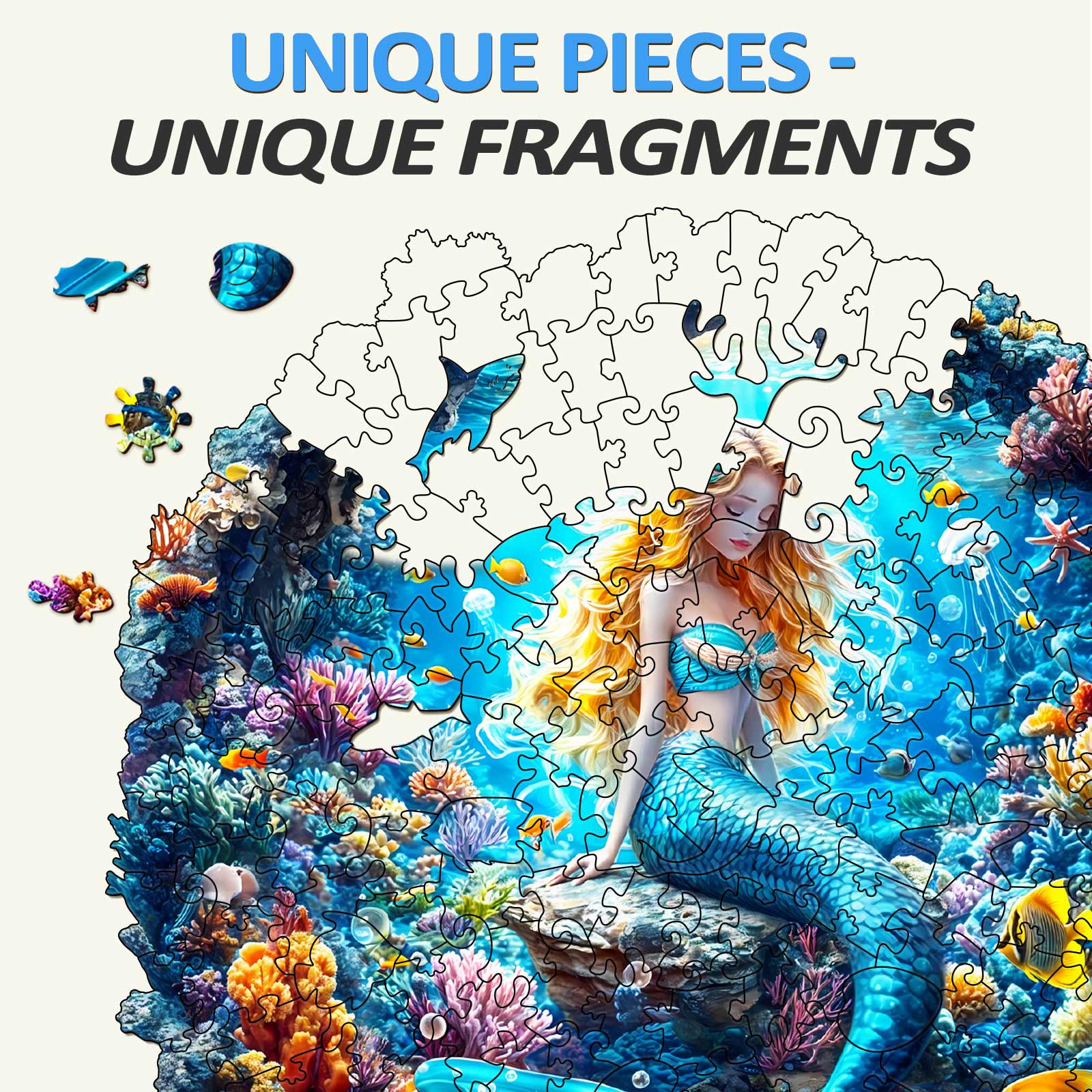 3D Mermaid Wooden Jigsaw Puzzle showcasing unique puzzle pieces and vibrant underwater scene.