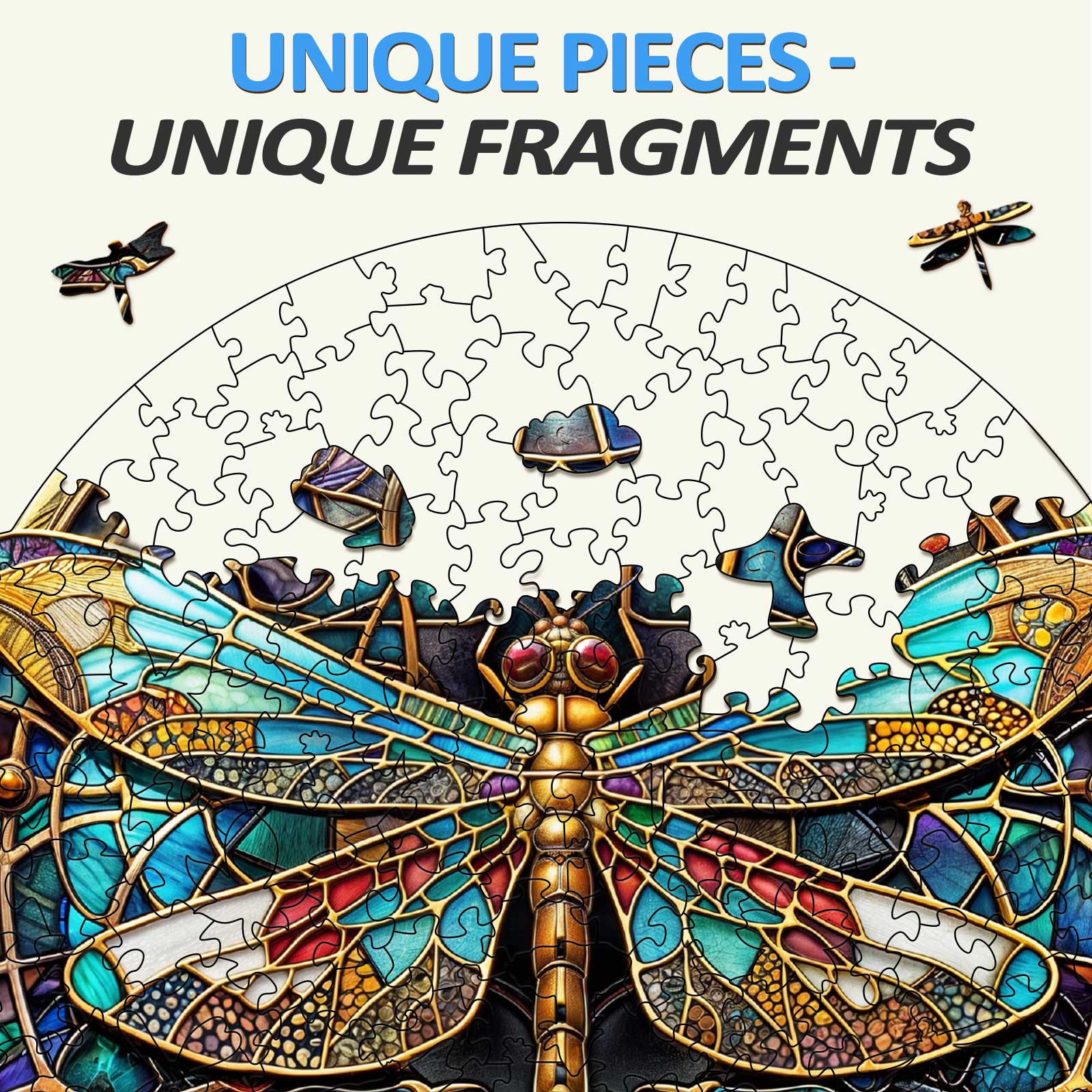 Vintage Dragonfly wooden jigsaw puzzle with unique, colorful pieces featuring dragonflies and intricate designs.
