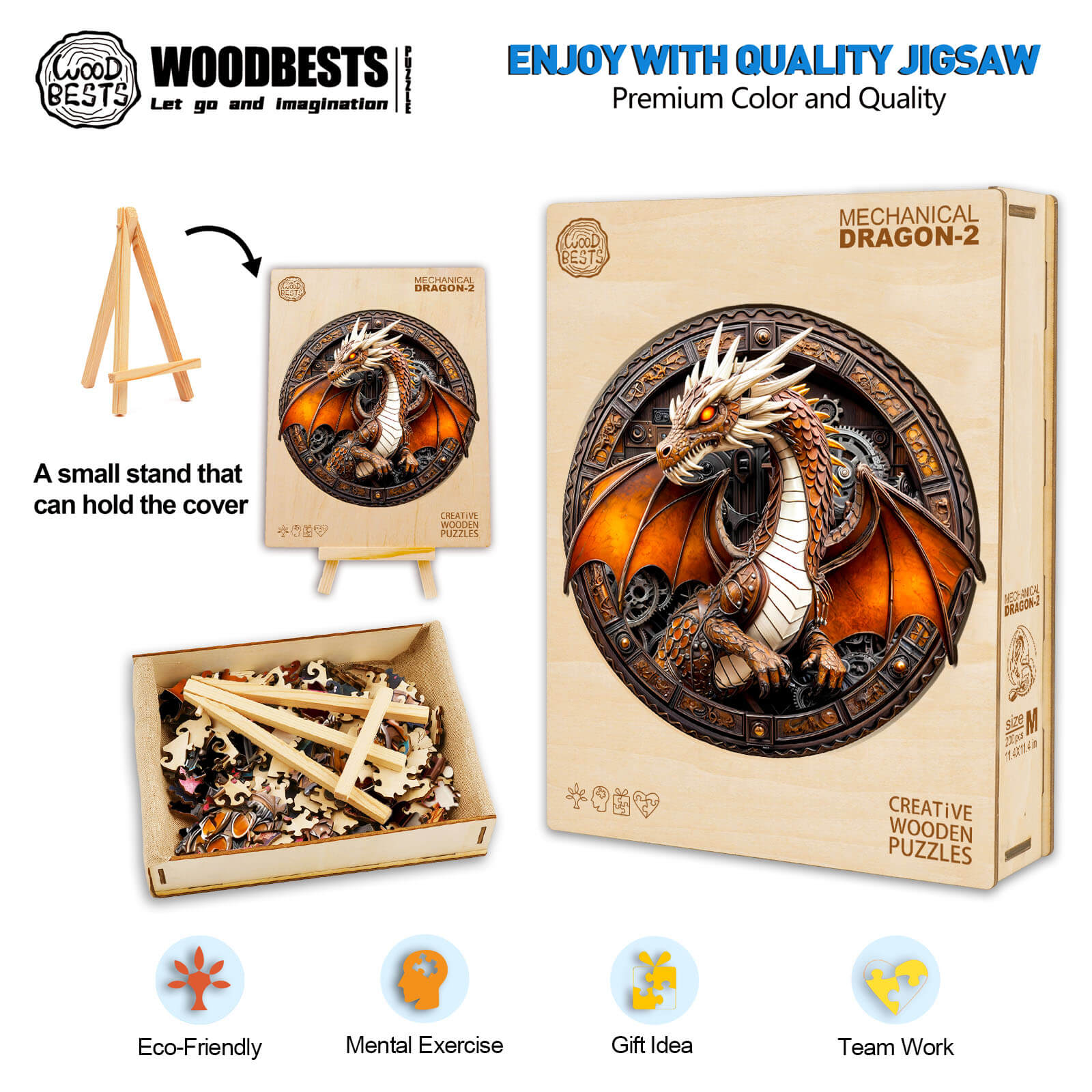 3D Mechanical Dragon-2 Wooden Jigsaw Puzzle with stand, pieces in box, promoting creativity and mental exercise.