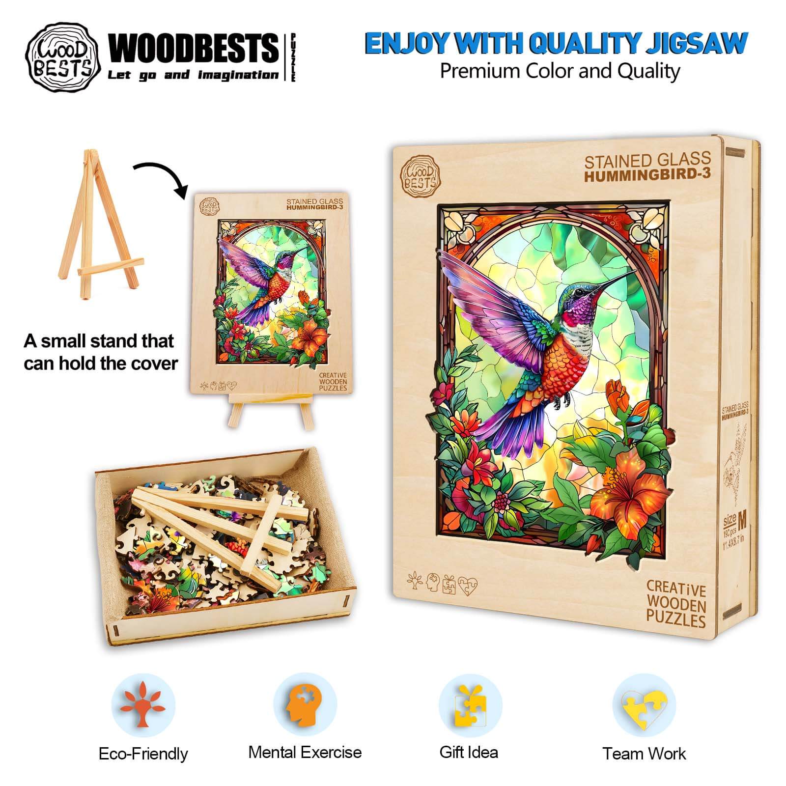 Stained Glass Hummingbird-3 wooden jigsaw puzzle with stand, promoting focus and fun mental exercise.