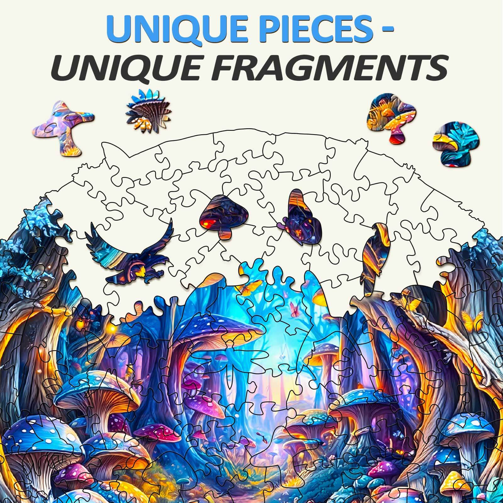 3D Magic Mushroom wooden jigsaw puzzle featuring unique pieces and vibrant colors for an engaging mind game experience.