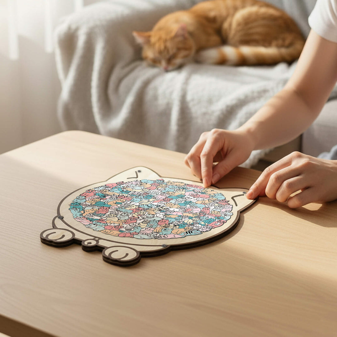 Morandi-Colored Cute Cat Shaped Wooden Jigsaw Puzzle
