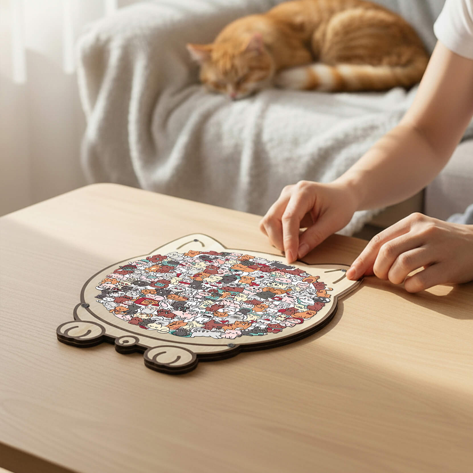 Morandi-Colored Lovely Cat Shaped Wooden Jigsaw Puzzle