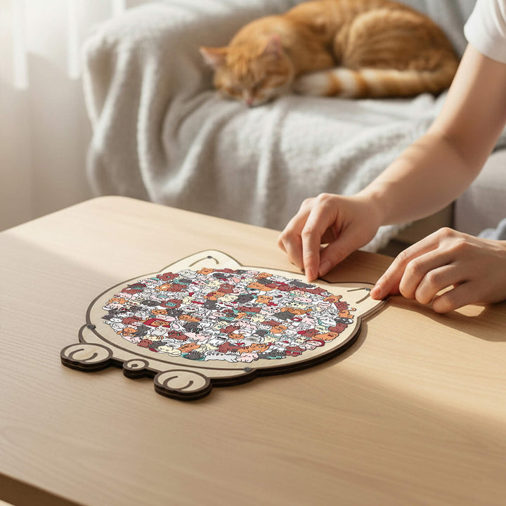 Morandi-Colored Lovely Cat Shaped Wooden Jigsaw Puzzle