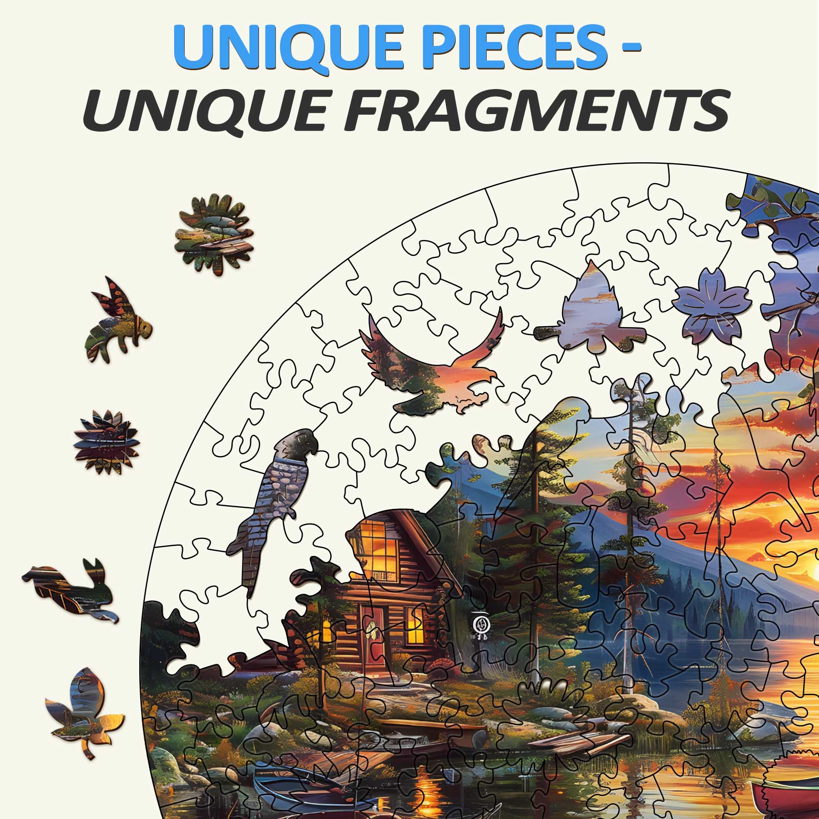 Canoe Lake-2 wooden jigsaw puzzle showing unique pieces and fragments with a serene lakeside landscape.