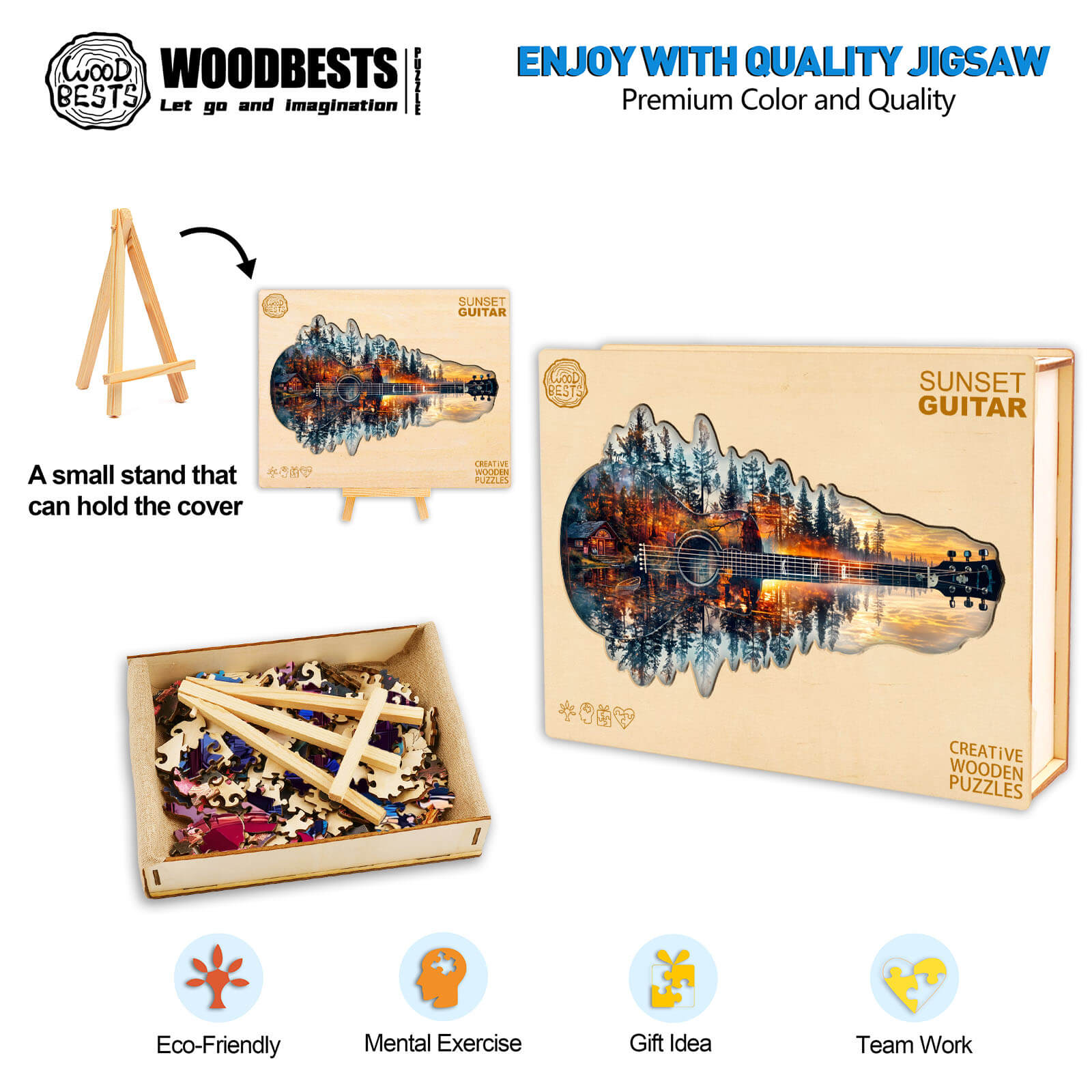 Sunset guitar wooden jigsaw puzzle with eco-friendly design, mental exercise benefits, and gift idea for teamwork.