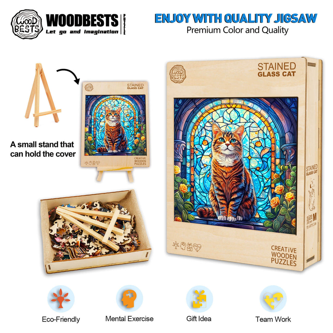 Stained Glass Cat Wooden Jigsaw Puzzle