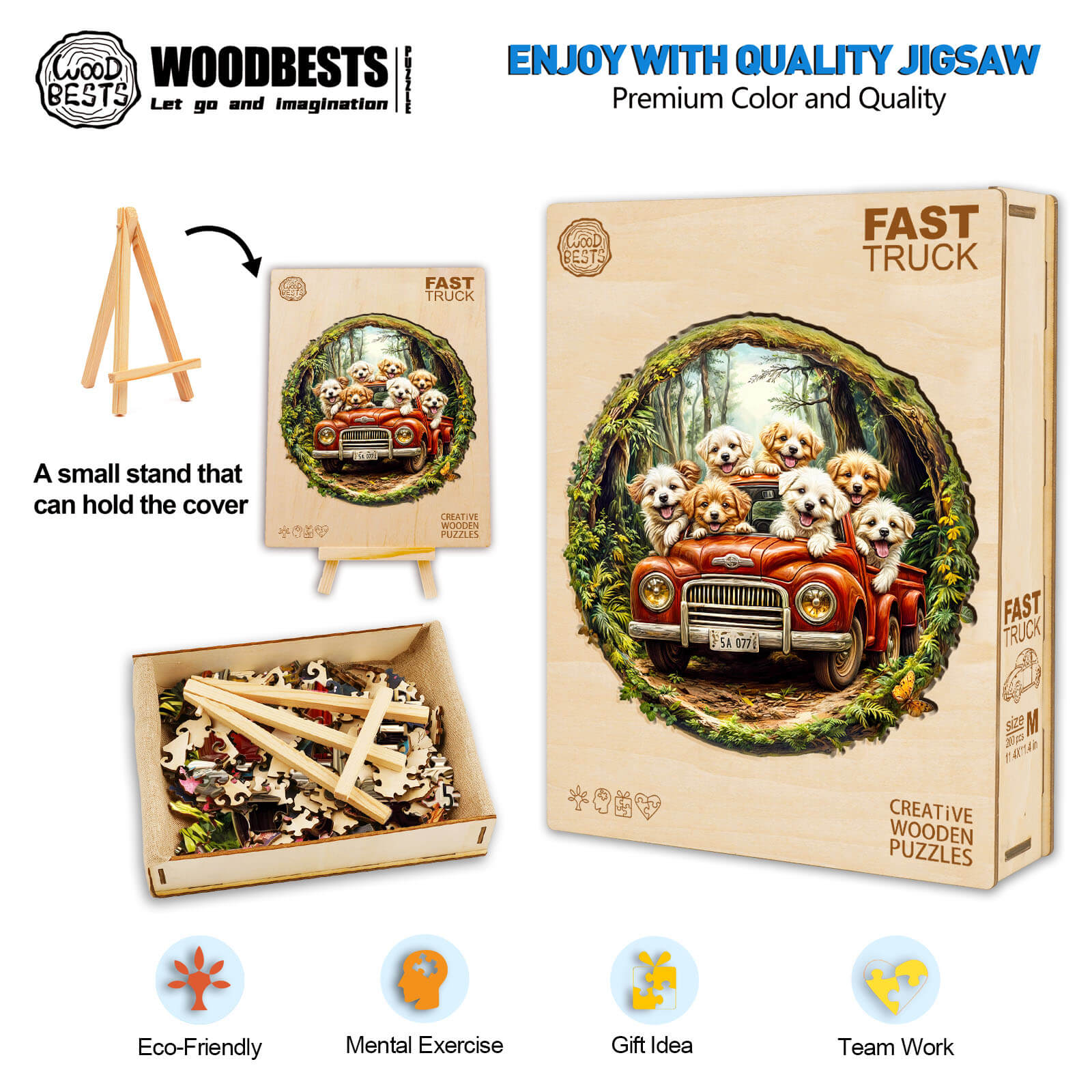 Fast truck jigsaw puzzle featuring playful puppies, eco-friendly materials, and a creative wooden design for mental exercise.
